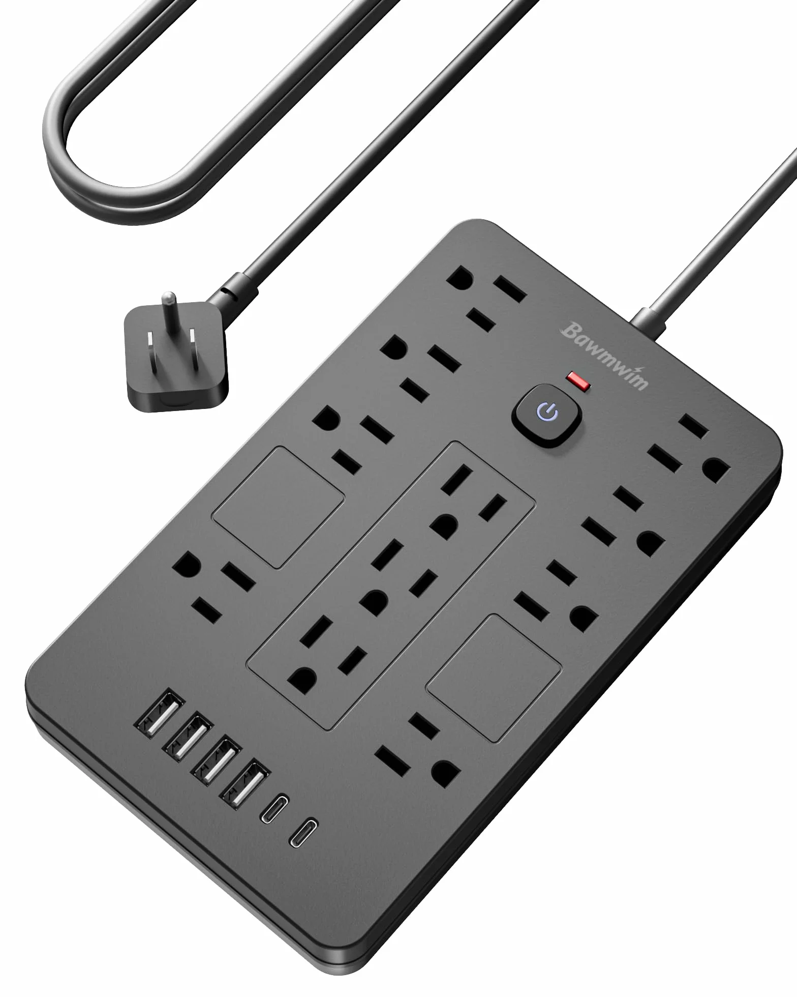 Ciabatta con protezione contro le sovratensioni, 11 prese (1850 W/15 A) con 6 porte USB (2 USB C), cavo di prolunga piatto da 1,8 m, montaggio a parete, nero
