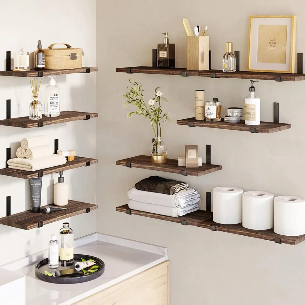 BAKAJI Set 10 Mensole galleggianti da Parete in Legno, Scaffali a Muro Multiuso con Staffe in Metallo, ideali per Camera da Letto, Soggiorno, Cucina, Bagno, Libreria, Salvaspazio, 40 x 15 cm (Rovere)