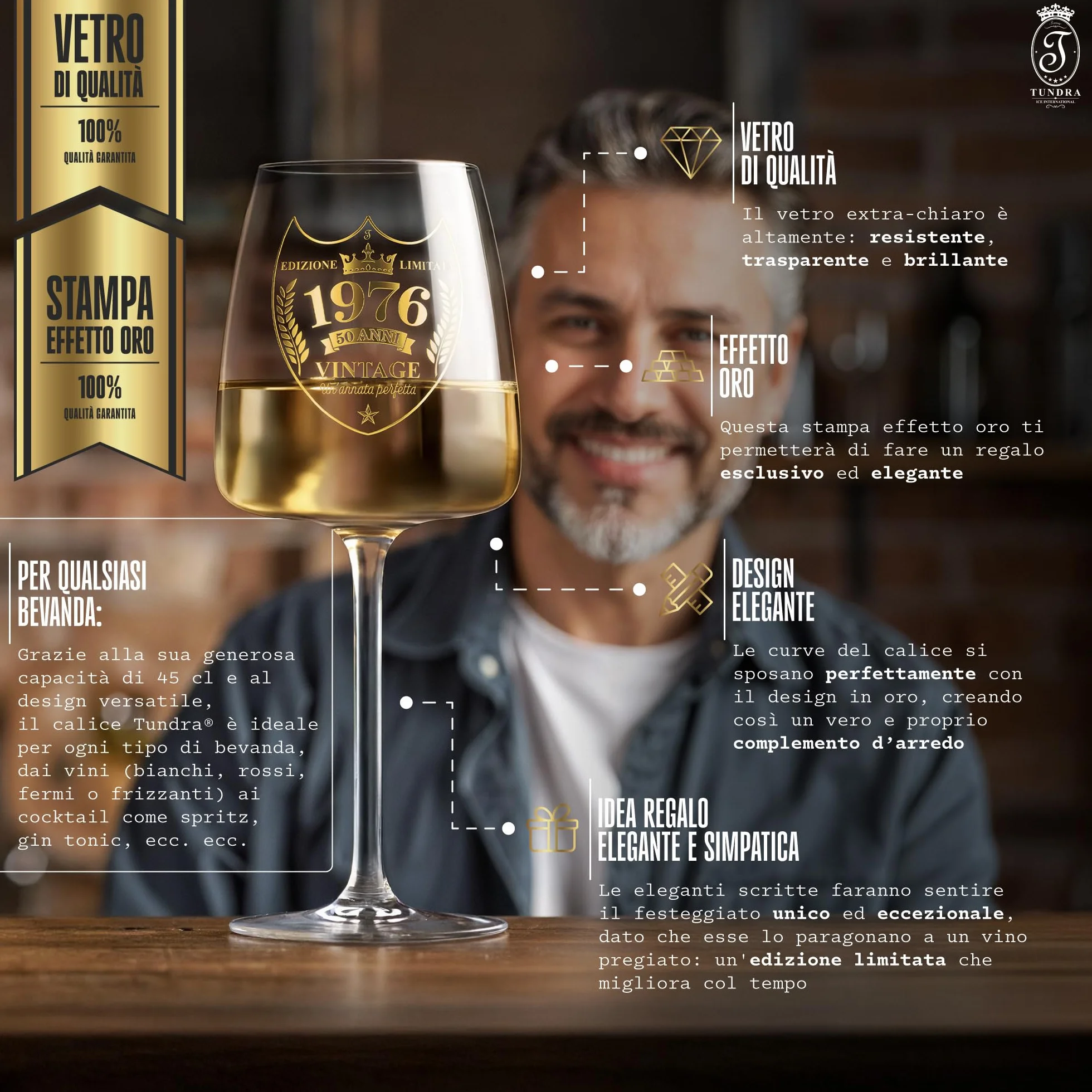 Calice Personalizzato 50 Anni Compleanno Uomo 1976 CRISTALLINO 450 ML Effetto Oro Regalo Originale