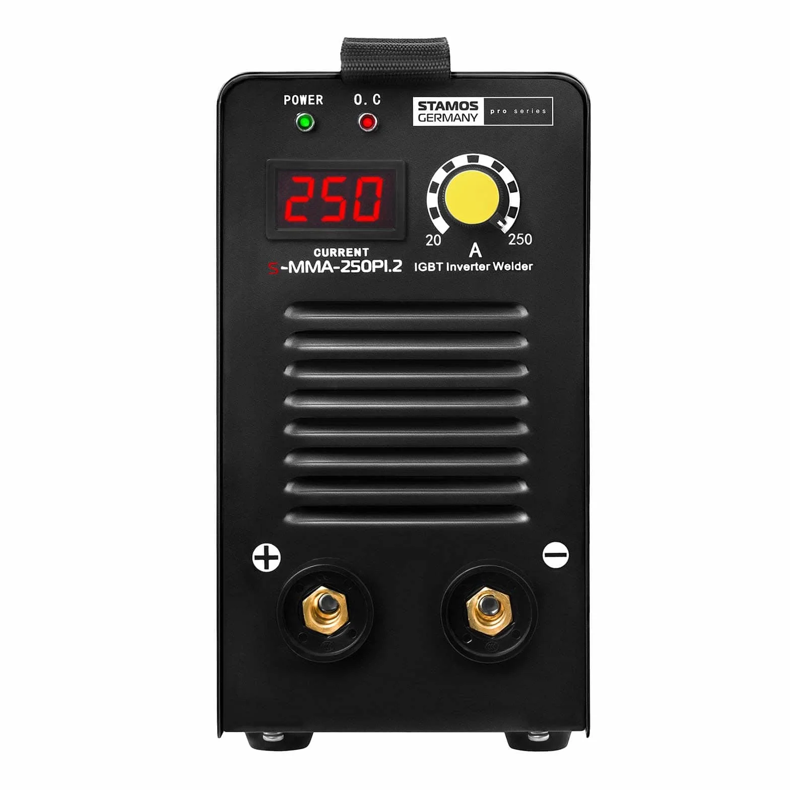 Stamos Germany S-MMA-250PI.2 Saldatrice Inverter Elettrodo Professionale (250 A, Cavo 8 m, Hot Start, Display Led, IGBT, Accessori Inclusi) Pro Series