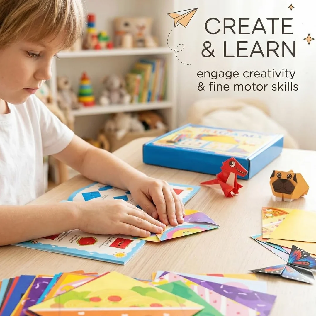 Carta Origami per bambini, include 100 fogli colorati e un manuale di istruzioni con 45 progetti, per stimolare la creatività, la manualità e l'apprendimento attraverso il divertimento