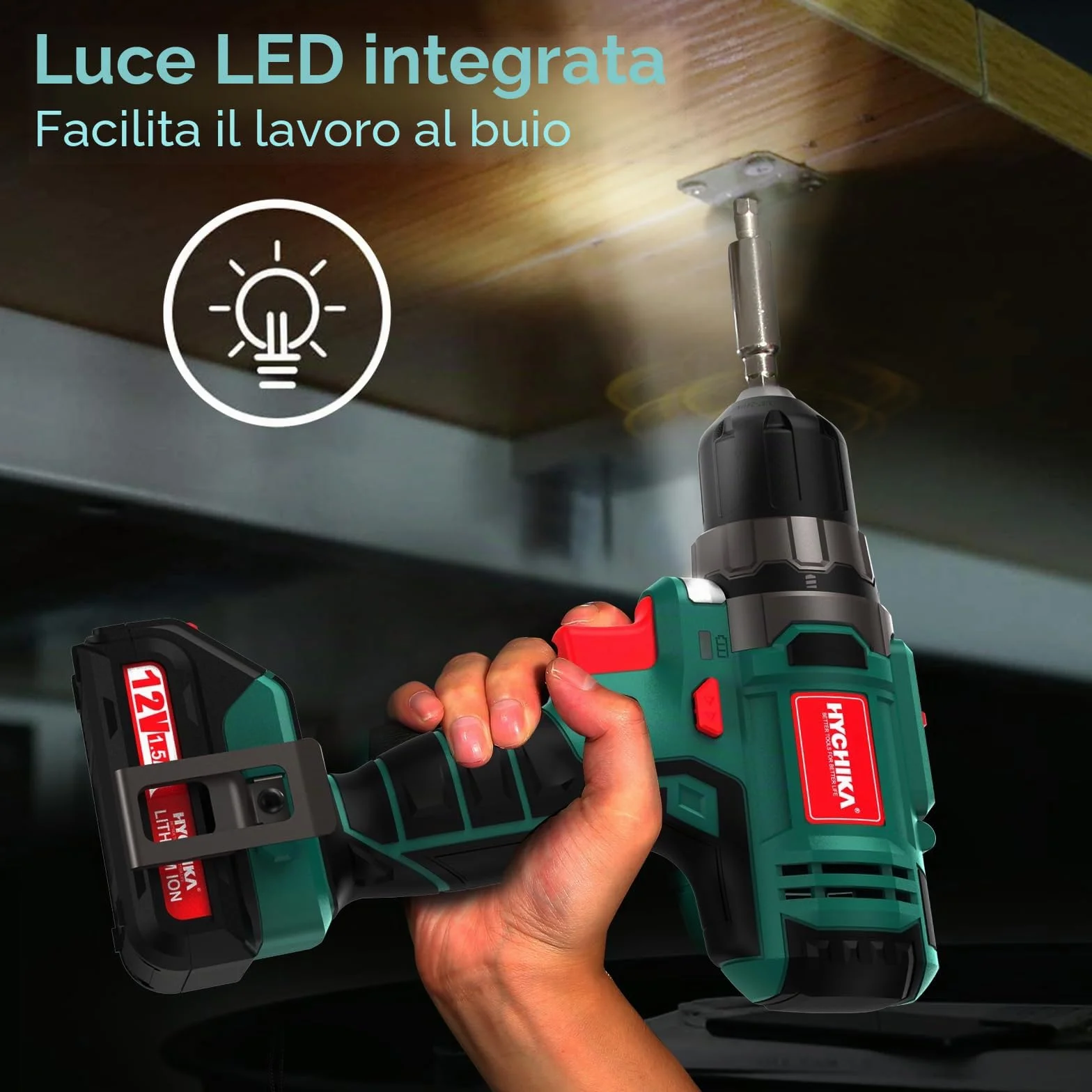 HYCHIKA Trapano Avvitatore Batteria 12V, Avvitatore a Batteria 30 Nm, 21+1 Impostazioni Di Coppia, 2 Velocità Regolabili, 26 Accessori, Luce LED, Adatto per il fai da te in casa e in giardino
