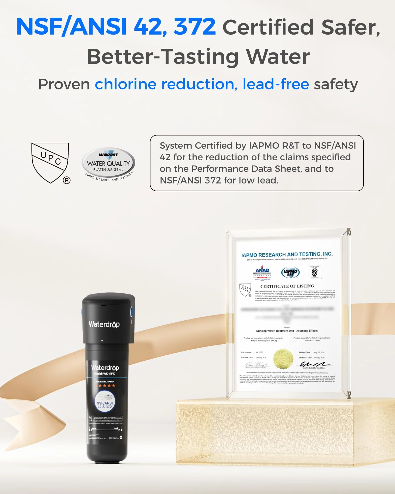 Waterdrop 10UB Filtro Acqua Sistema con Rubinetto Dedicato Goccia, Depuratore Acqua Domestico per 11000 Galloni, Certificato da NSF/ANSI 42, Rimuove 99.99% di Piombo, Cloro, Cattivo