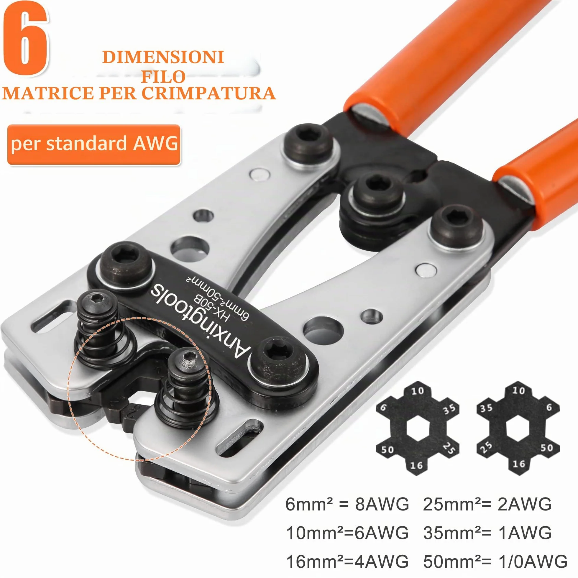 Strumento di crimpatura del cavo della batteria per terminali ad anello in rame della batteria da 6/10/16/25/35/50 mm², capicorda in rame, piegatore resistente per capicorda (HX50B Crimper)