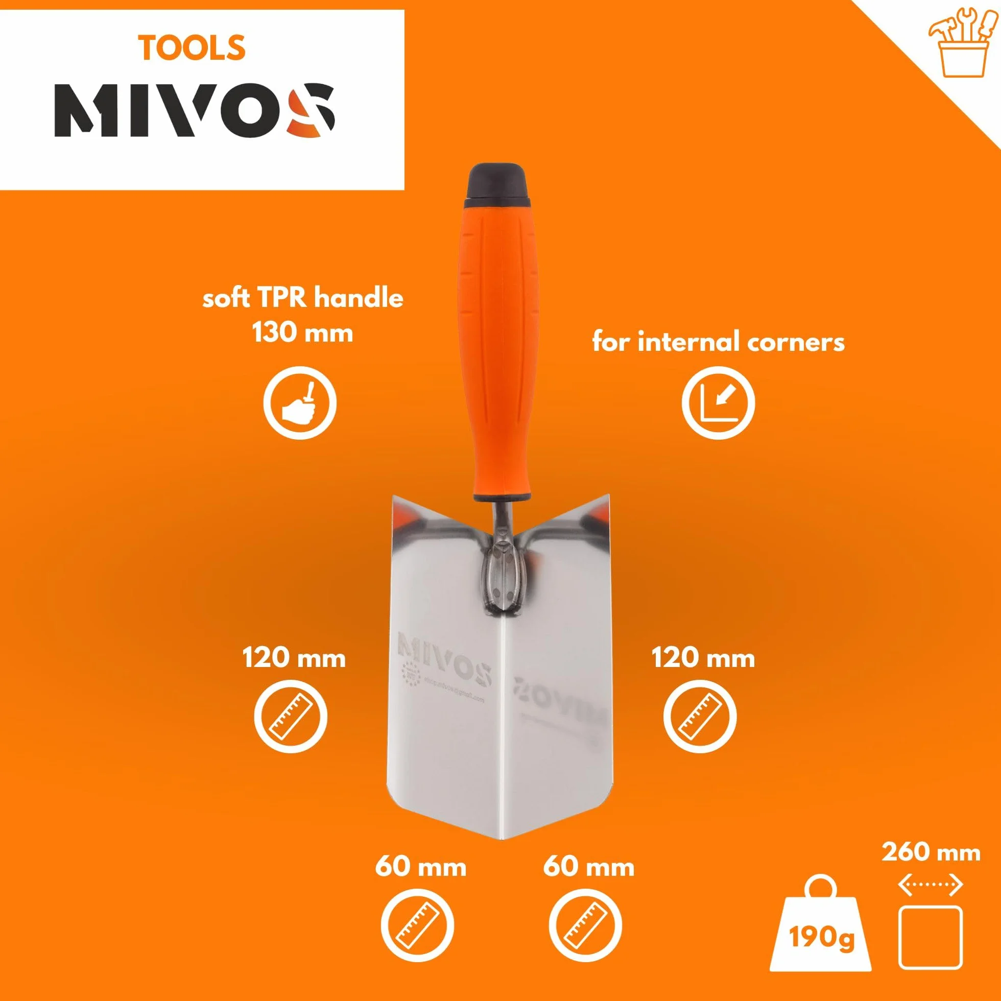 Mivos 2x Spatola Angolare Antiruggine 120 x 60 mm - Cazzuola Angolare Interna ed Esterna in Acciaio Inox - Cazzuola per Bordi Interni ed Esterni con Impugnatura Morbida - Spatole Angolari