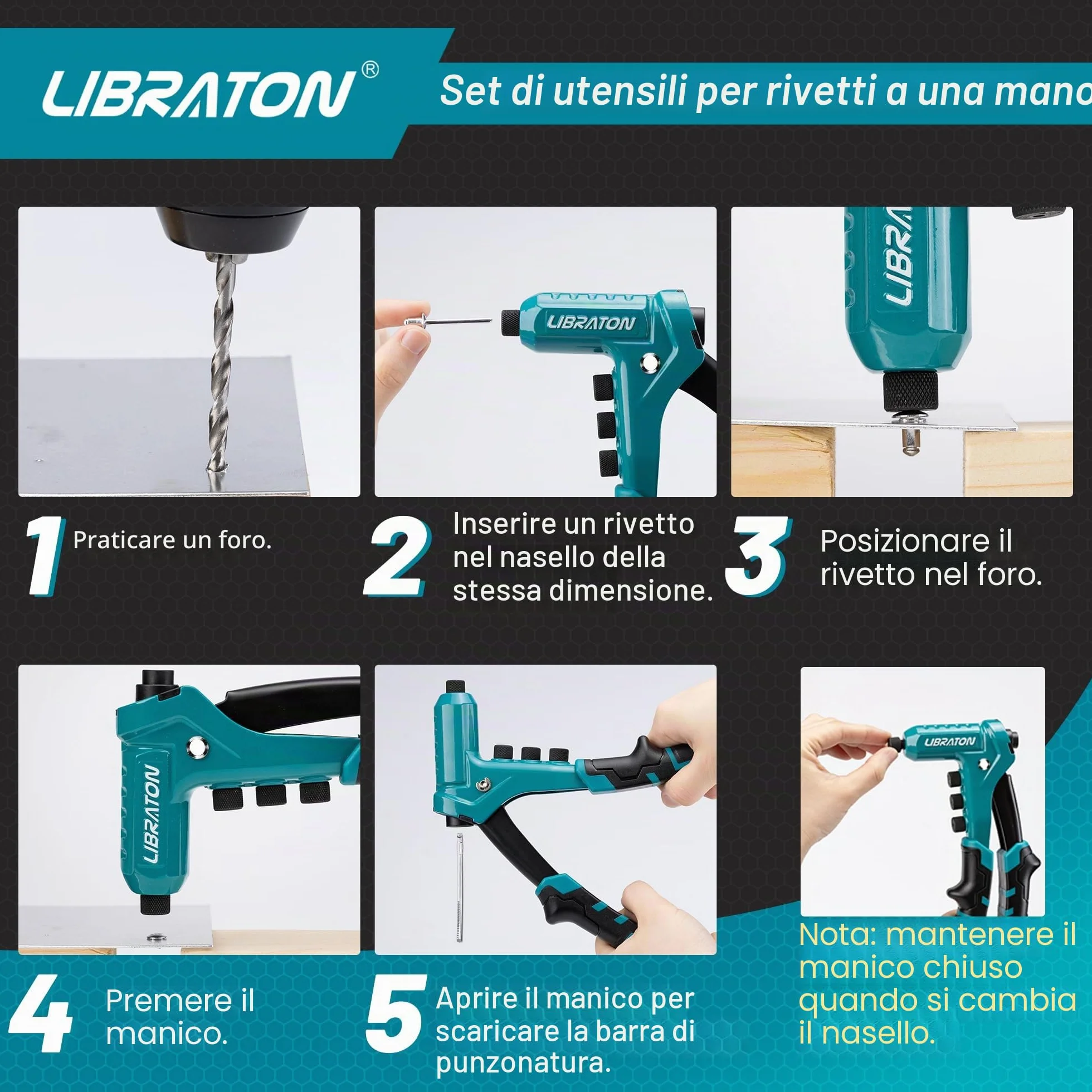 LIBRATON Rivettatrice Manuale Professionale con 200 Rivetti in Alluminio 4 Punte 4 Teste 2,4-4,8mm