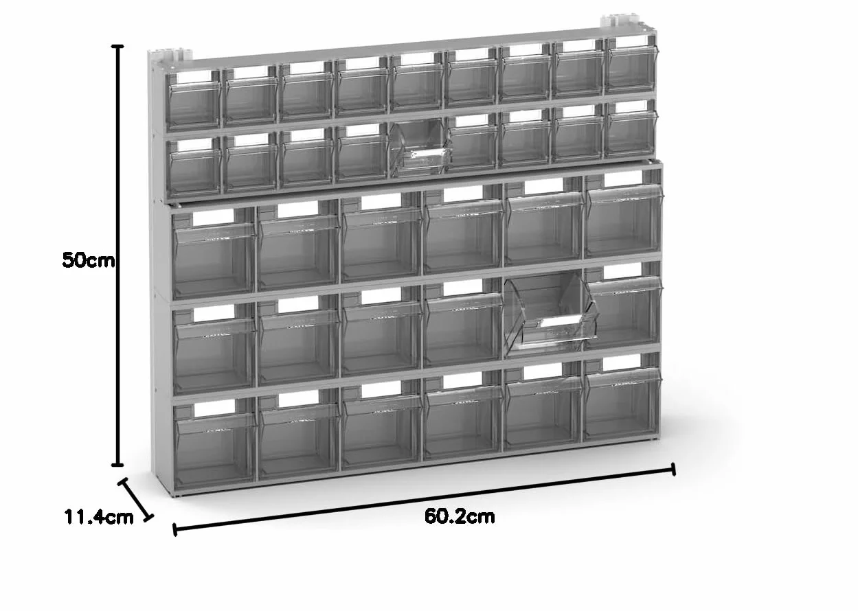 Fami - Pannello Porta Minuteria da Muro per Garage e Officina, 36 Cassetti Trasparenti Visual Box di Due Dimensioni, 5 Cassettiere Modulabili, Scaffale Porta Viti, Dimensioni: 60,2 x 11,4 x 50 cm