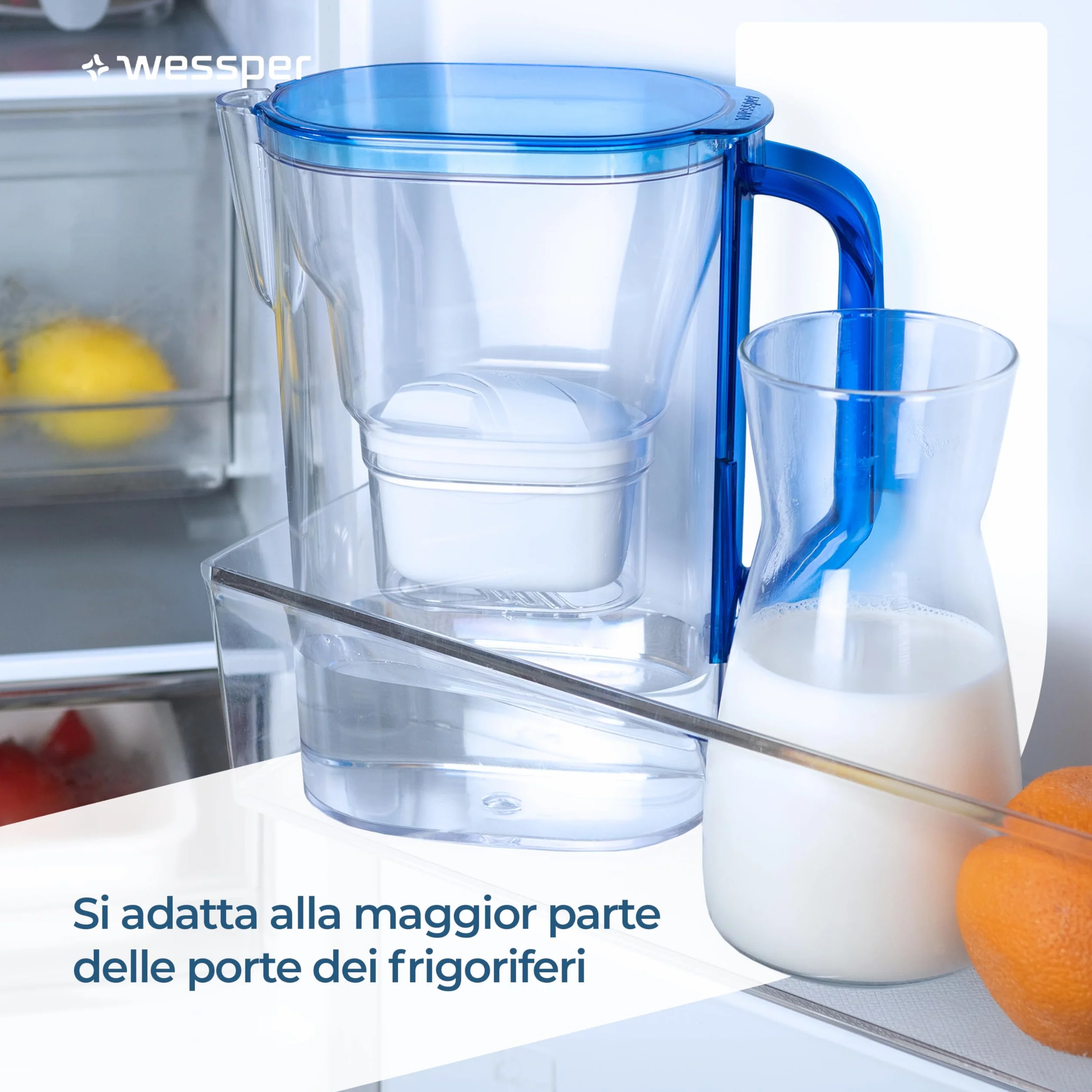 Wessper Caraffa Filtrante 2,7L con Filtri Carbone Attivo e Resina a Scambio Ionico, Set 6 Filtri - Blu