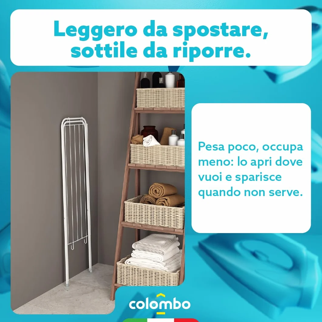 Colombo Stendino Salvaspazio Pieghevole Gazzella | Stendibiancheria in Acciaio Verniciato, Compatto e Leggero da Interno per Spazi Ridotti | 6 Metri di Stenditura | Ultra Slim 1,5 cm | Made in Italy