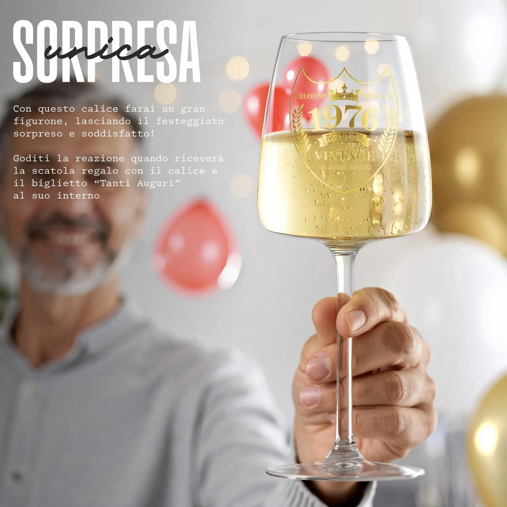 Calice Personalizzato 50 Anni Compleanno Uomo 1976 CRISTALLINO 450 ML Effetto Oro Regalo Originale