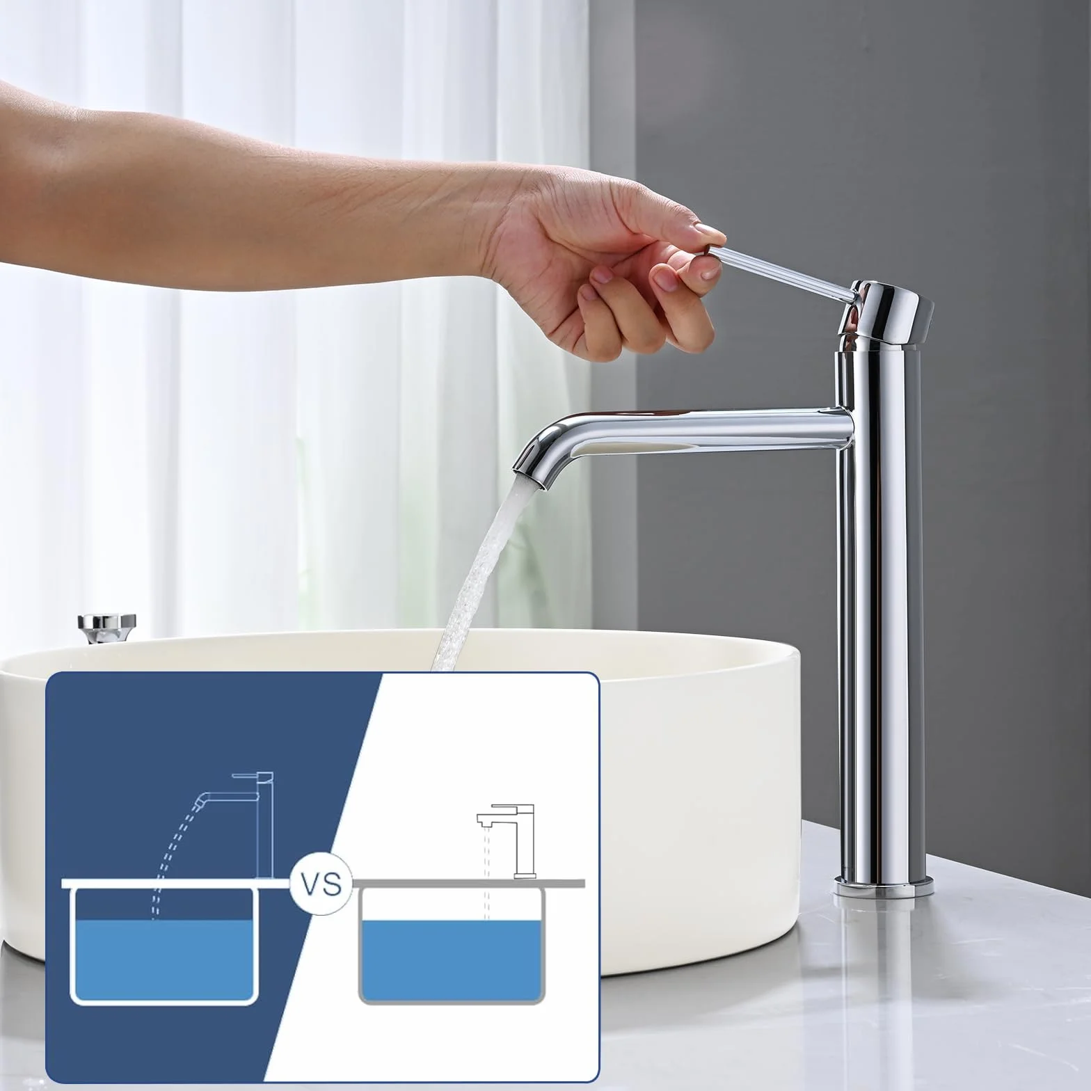 Miscelatore Lavabo Alto, BuntHaus Rubinetto Monocomando Bagno, Rubinetti Lavabo da Appoggio per Calda e Fredda Regolabile, Miscelatore Aeratore a Risparmio Idrico, Cromato