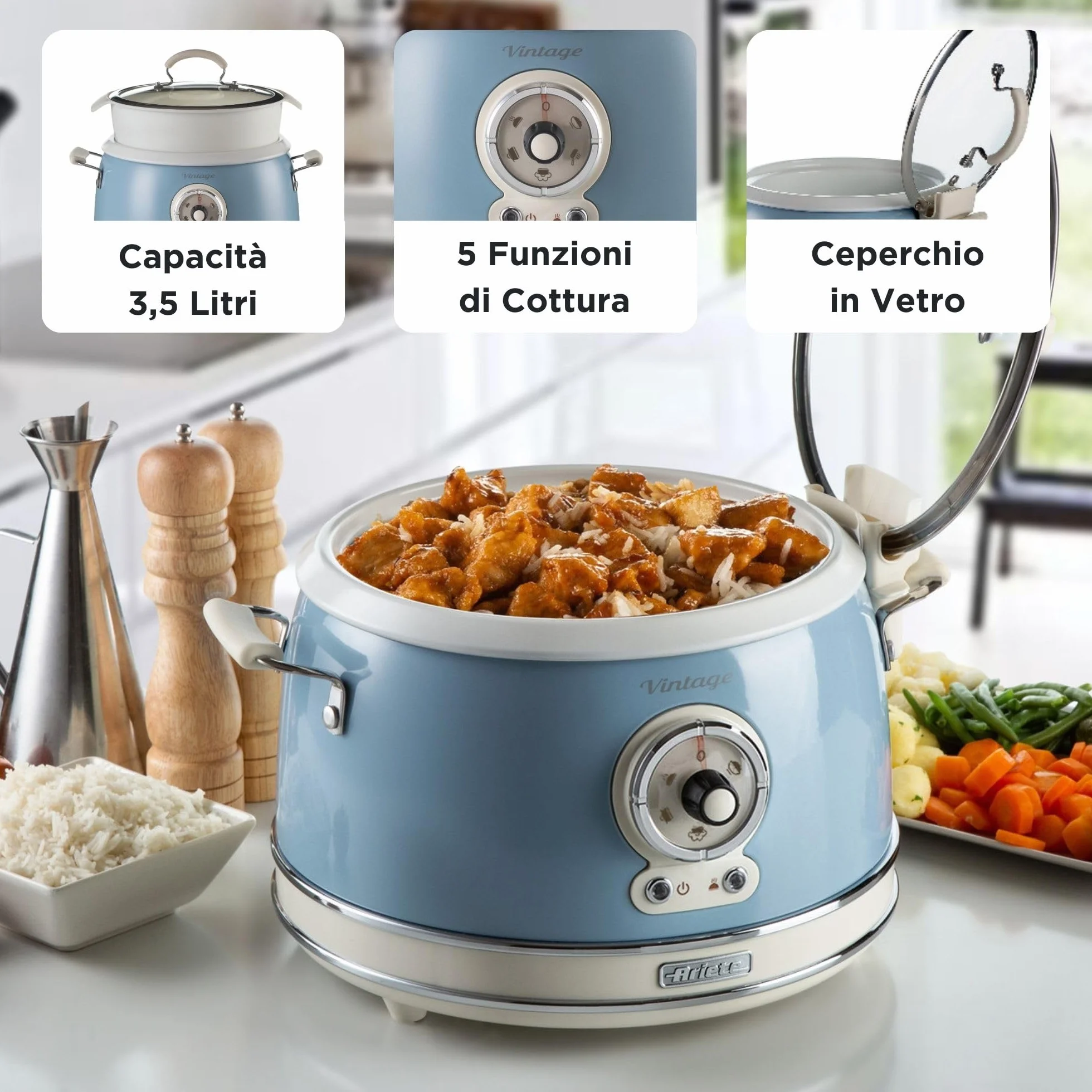 Ariete 2904 Rice Cooker + Slow Cooker - Cuociriso Elettrico con bowl in ceramica - Sushi fatto in casa - Multicooker - Linea Vintage - 3,5 L - 700 W - Celeste