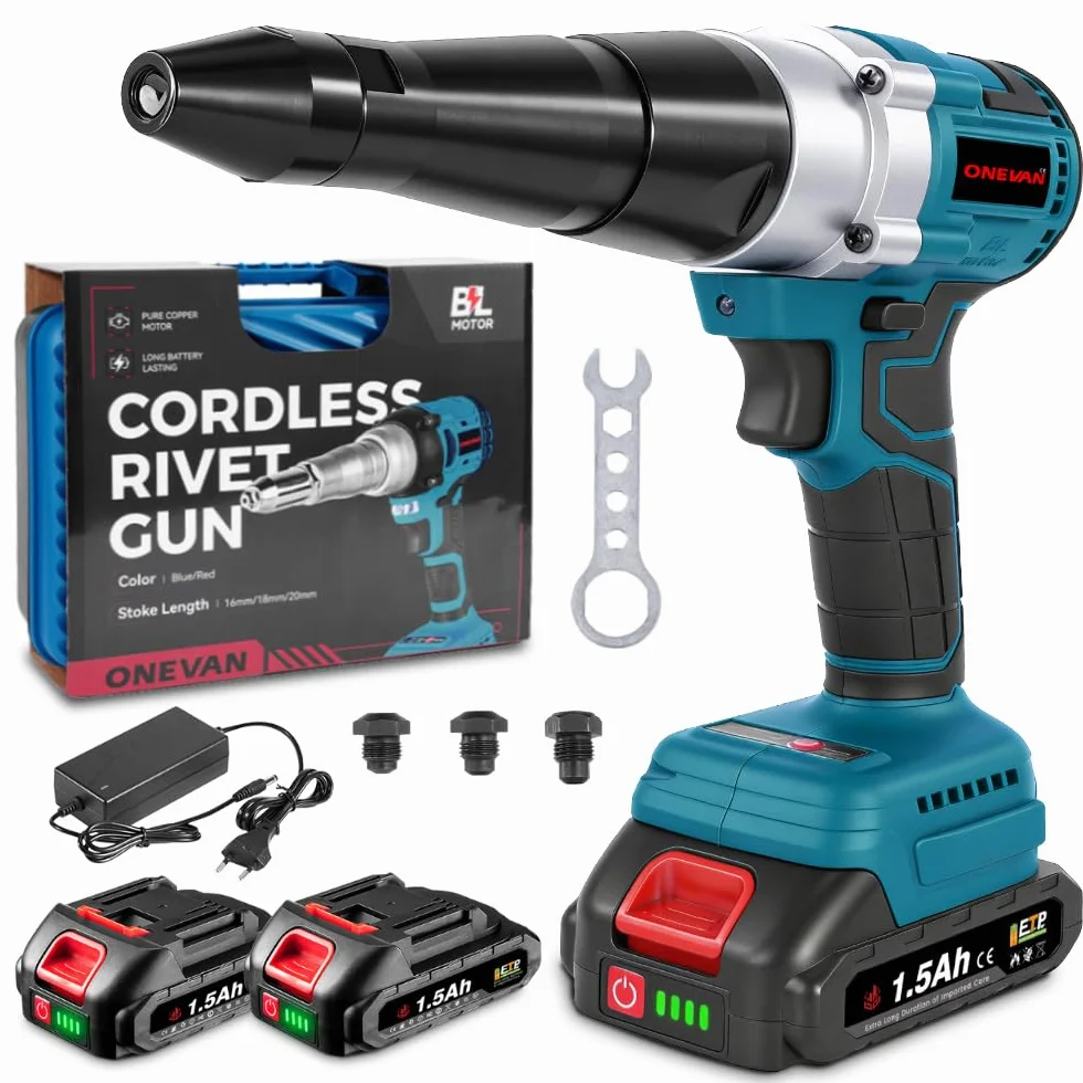 ONEVAN Pinza per rivetti a batteria, corsa 20mm, 20000N, pistola senza spazzole, automatica, con 2 batterie e 4 guide (3,2/4,0/4,8mm) per rivetti da Ø2,4-5,0 mm