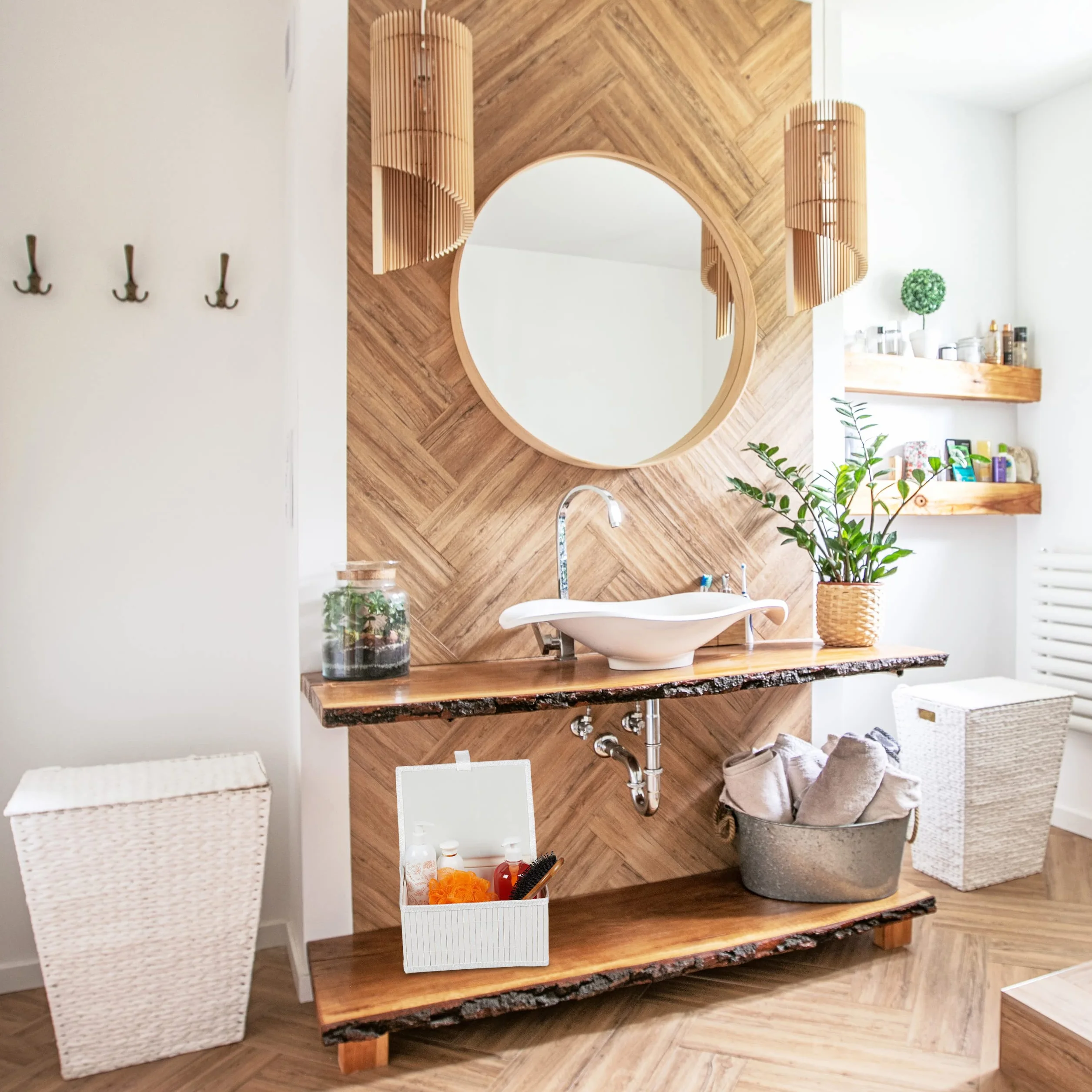 Relaxdays Set da 3 Cesti Portaoggetti, Coperchio & Chiusura a Strappo, Cestino Contenitore in bambù, Grigio