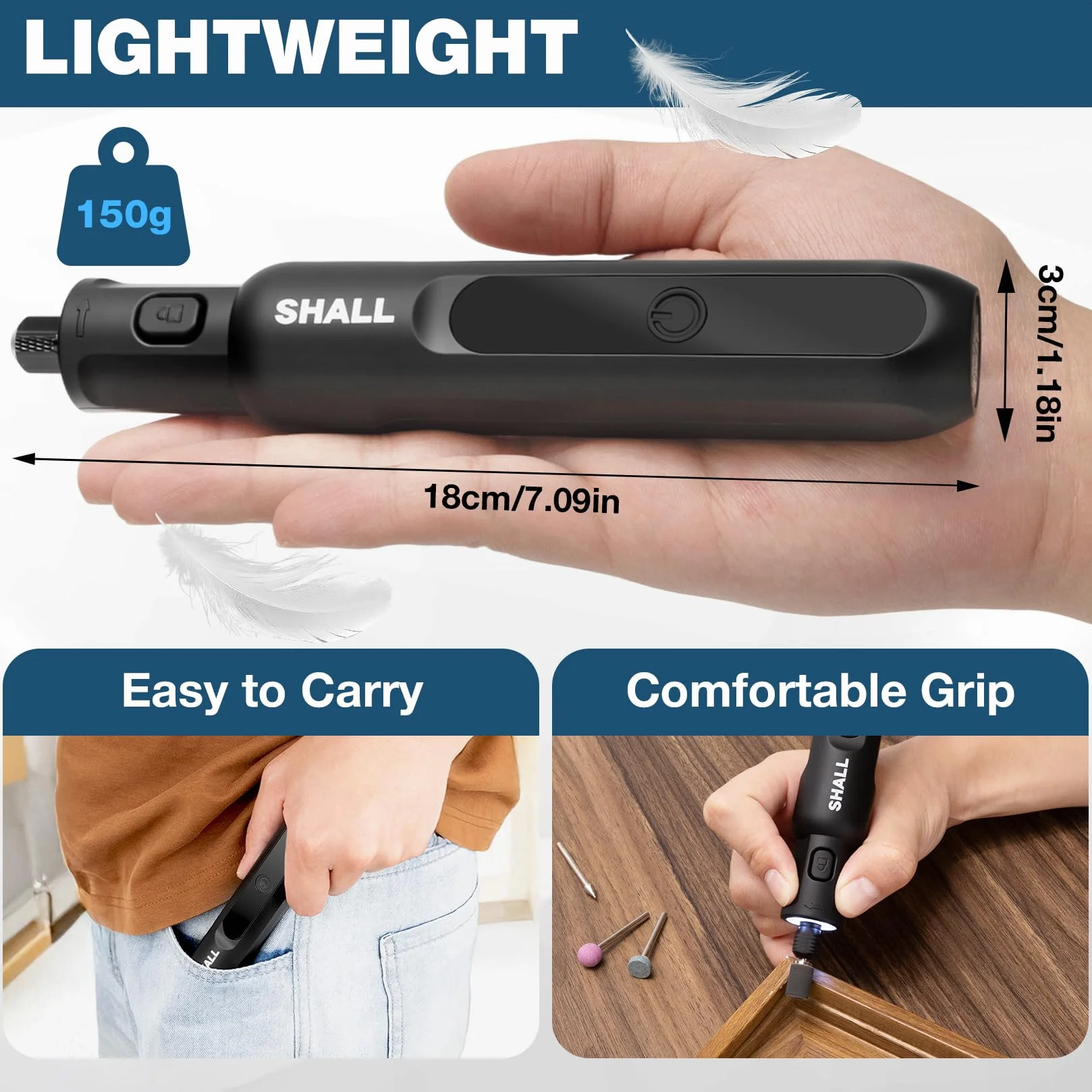 SHALL Smerigliatrice senza fili 3,7V 20000 giri/min 5 velocità Kit con 70 accessori e luce LED