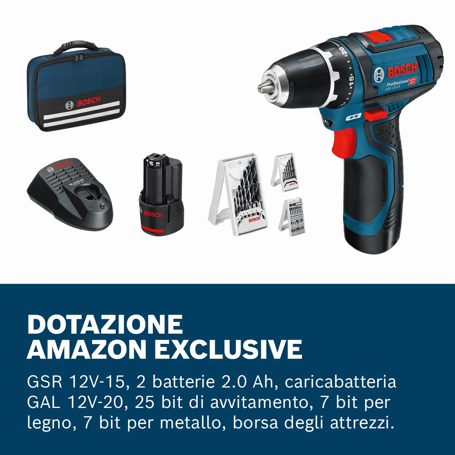 Bosch Professional Sistema 12V Trapano Avvitatore GSR 12V-15, Incl. Batteria 2x2.0 + Caricabatterie, Set Accessori 39 Pz., In Borsa, Amazon Exclusive Set