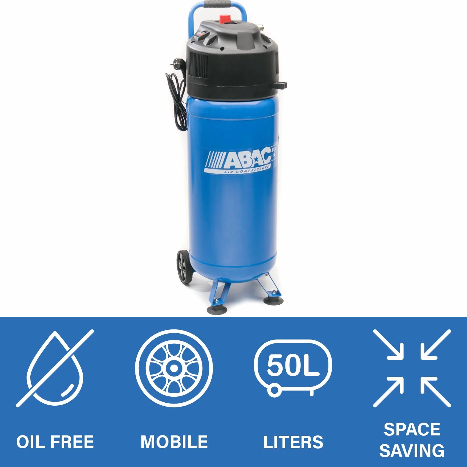 ABAC Compressore d'Aria Verticale EASE-AIR 50V, Compressore Aria Oil-Free, Pressione Massima 10 Bar, Potenza 2 Hp, Serbatoio 50 Litri, Rumorosità 97 dB (A)