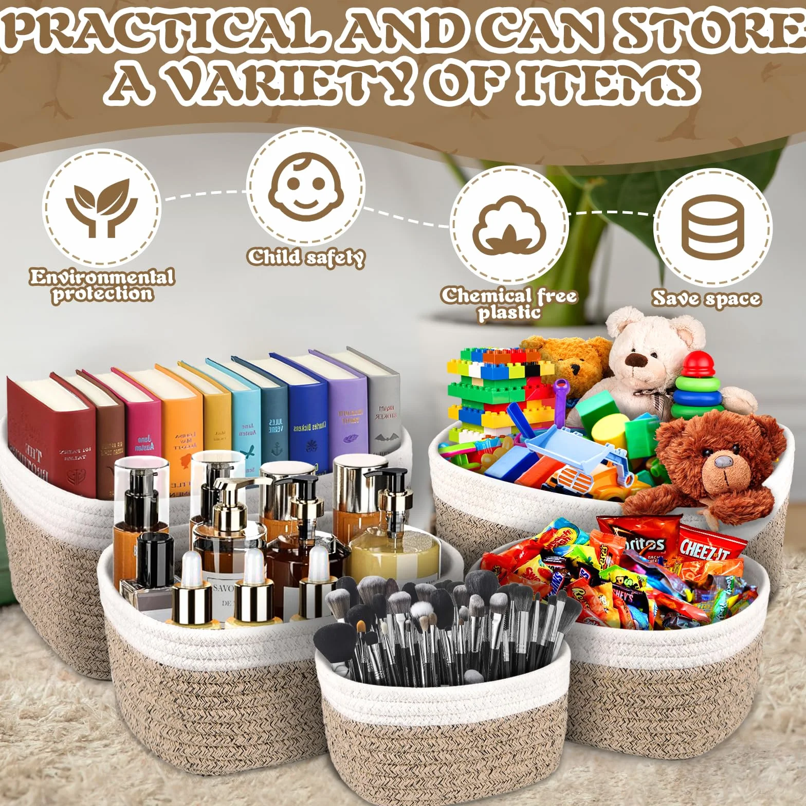 Cestini Portaoggetti Intrecciato in Corda di Cotone Set di 5, Impilabile Organizer per Bagno Cameretta Salotto Ufficio
