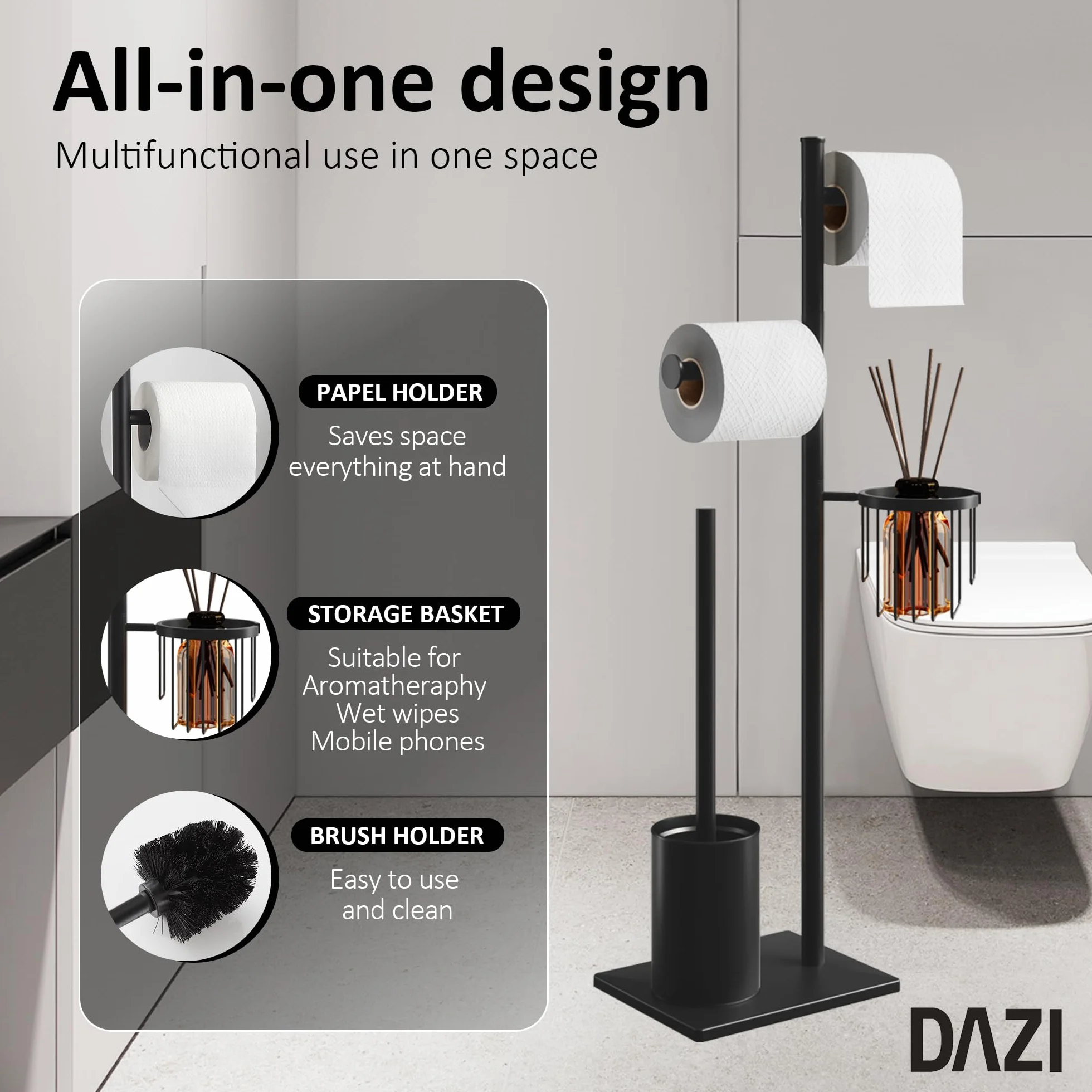Porta carta igienica set in acciaio inox Nero, autoportante, completo di scopino WC e cestino porta oggetti, perfetto per organizzare il bagno con eleganza e praticità