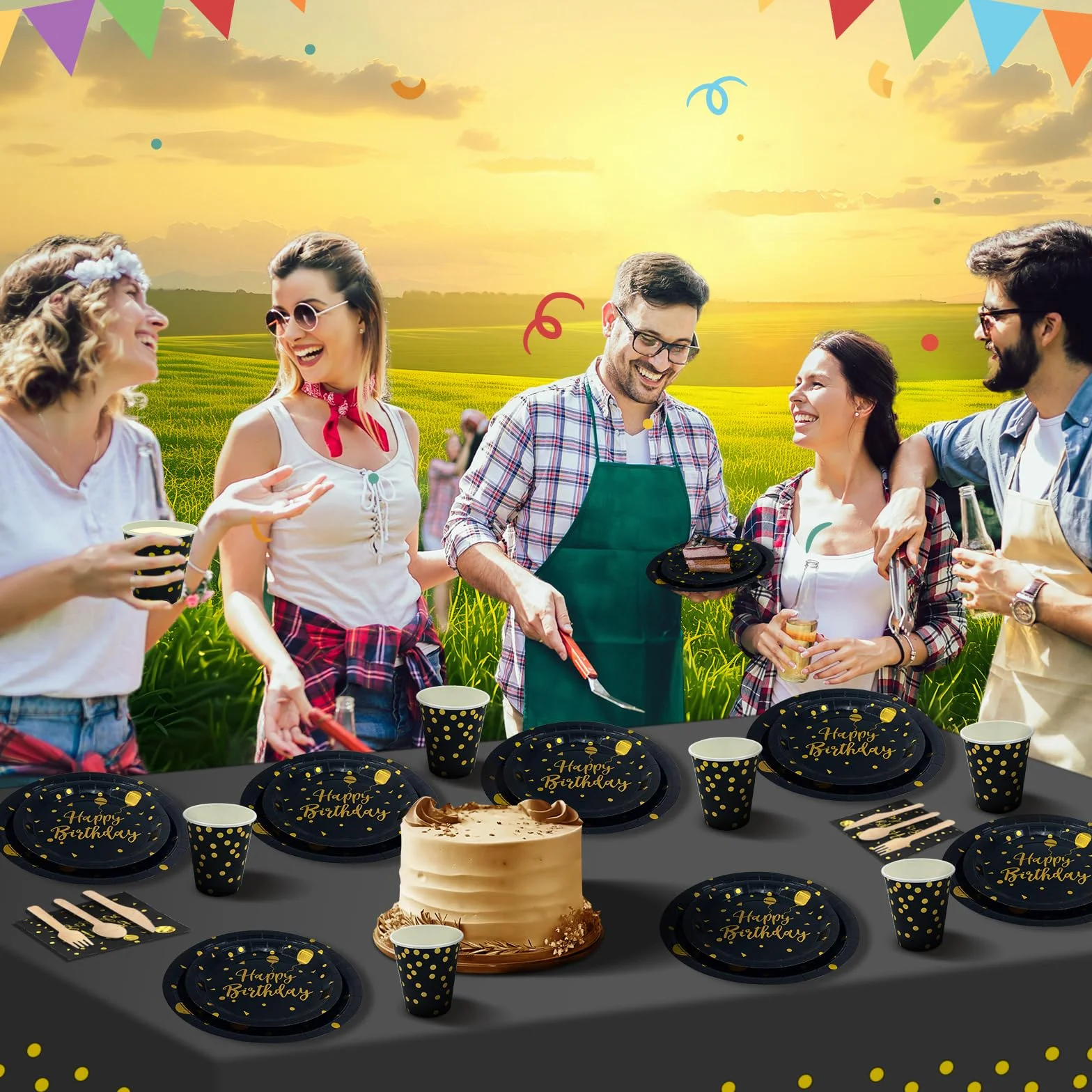 Compleanno Stoviglie Oro Nero 193 Pezzi Set Piatti Tovaglioli Tazze Carta 24 Ospiti