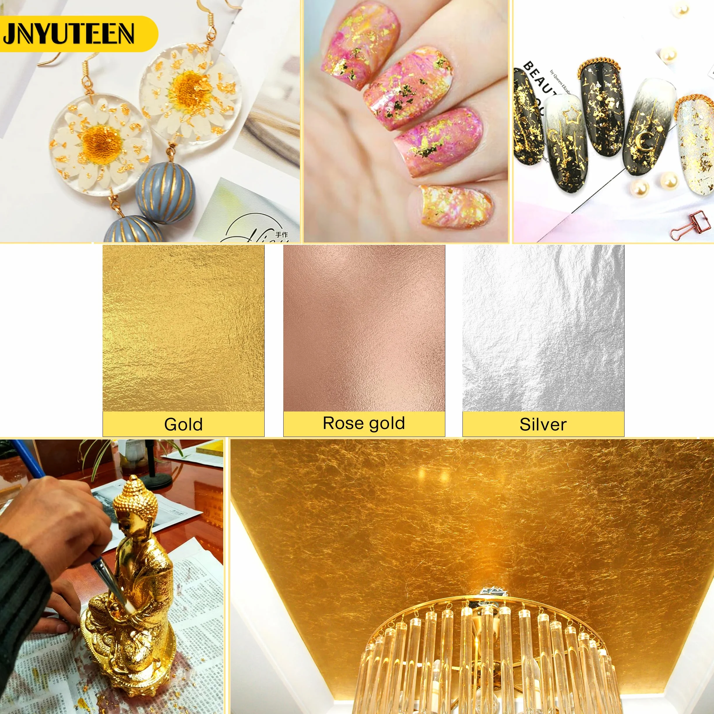 300 Fogli Foglia Oro per Fai da Te, Set con Pennelli E Pinzette Carta Dorata 8 x 8,5 cm, Oro Argento Finto per Progetti DIY Decorazione Artigianato