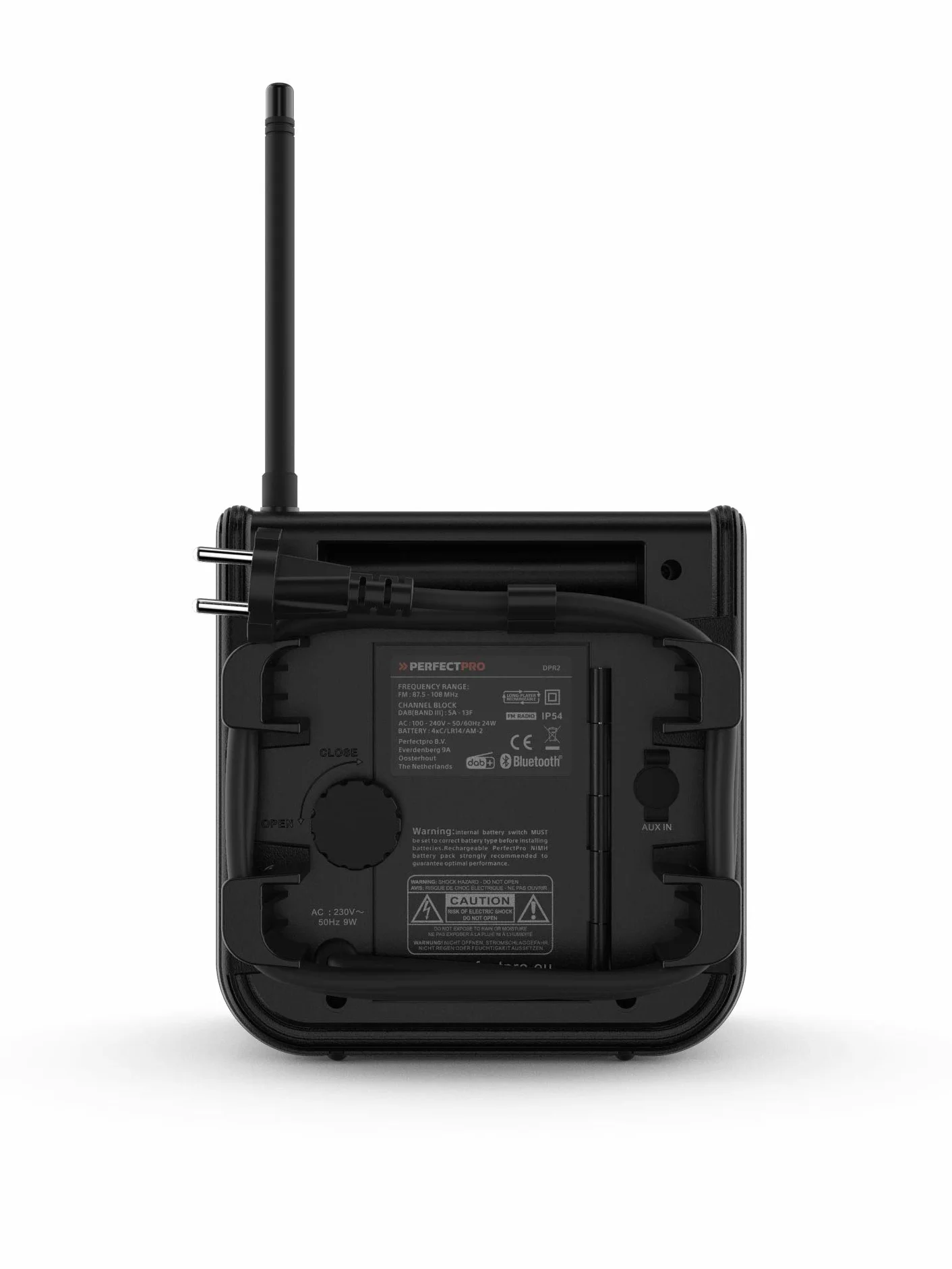 PerfectPro Radio da cantiere DABPRO, DAB+ e ricezione FM, ingresso AUX, MP3, Bluetooth, corrente di rete e ricaricabile, resistente agli urti, IP54, DPR2