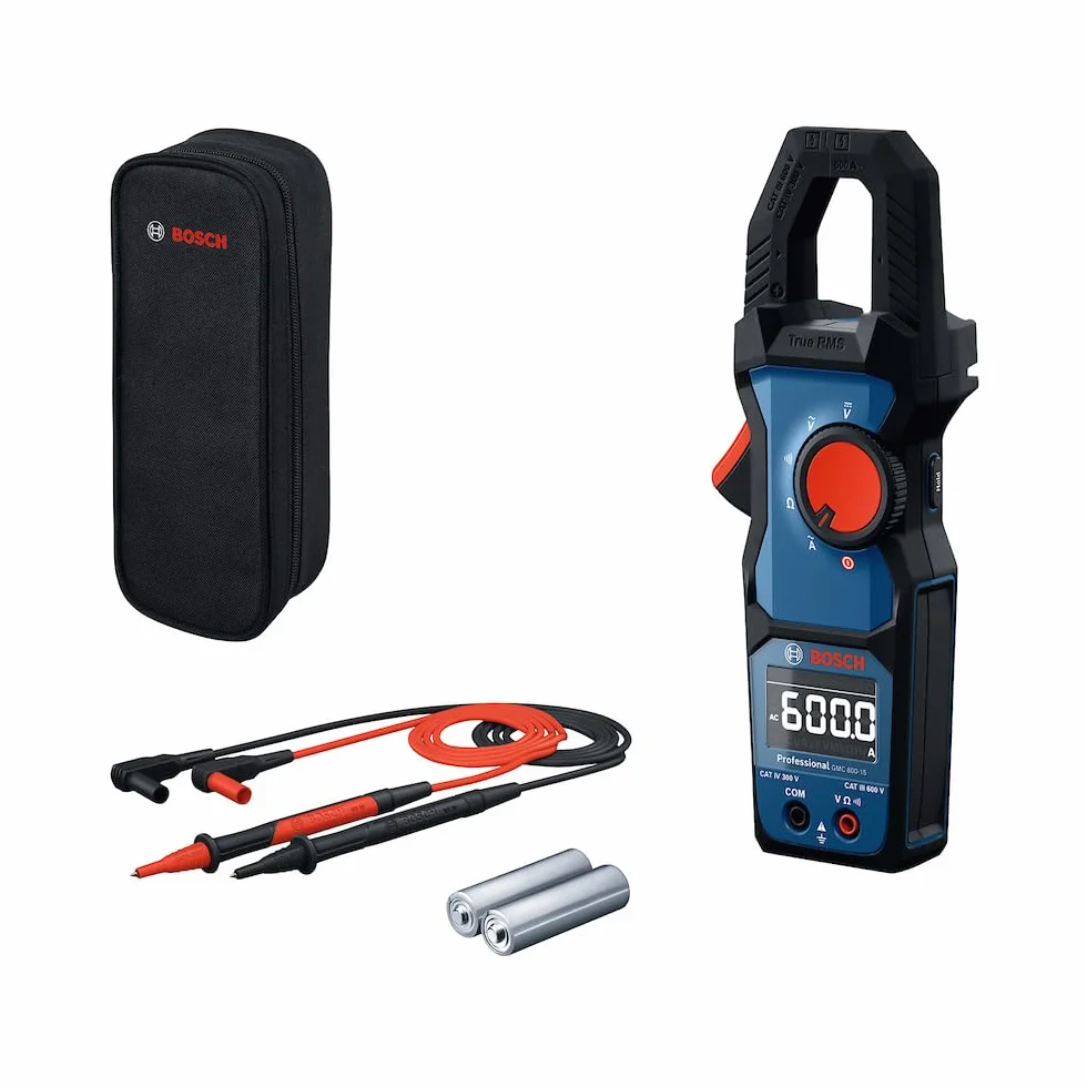 Tester elettrico Bosch Professional GMC 600-15 (Pinza amperometrica True RMS, corrente alternata fino a 600 A, tensione fino a 600 V AC/DC, 2 x 1,5 V LR06 (AA), puntali di misurazione MS 90, custodia)
