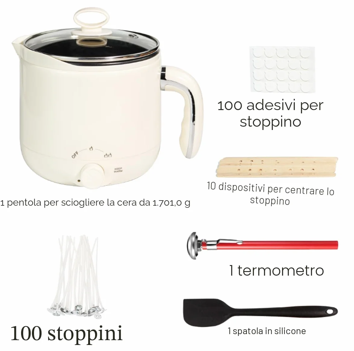 JULWHISPER Fusore di cera per realizzare candele, 1,8 l, con beccuccio per versare, kit per la creazione di candele per adulti incluso - stoppini, adesivi per stoppini-Spina UE