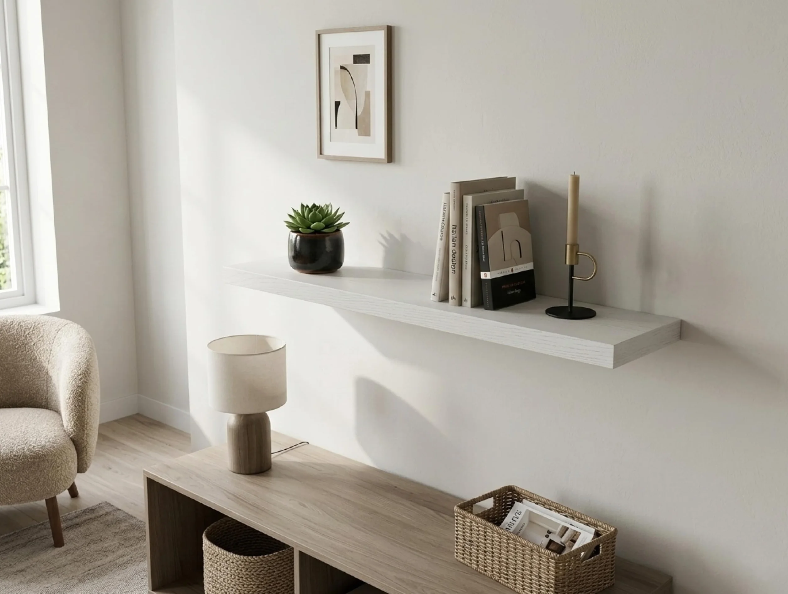eacommerce Mensola Sospesa da Muro in Legno MDF con Staffa a Scomparsa | Scaffale Parete Design Moderno, Supporto Invisibile, Mensola Cucina Bagno Soggiorno (Bianco Nordico, 60x23x3,8 cm)