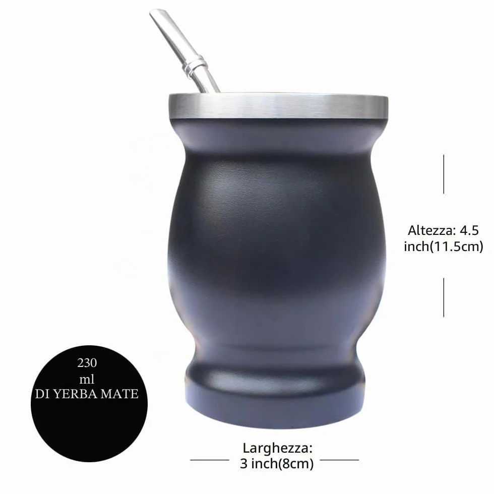 Beruth Zucca Bombilla Yerba Mate Set Tazza Acciaio Inossidabile 8 once Doppia Parete Nera