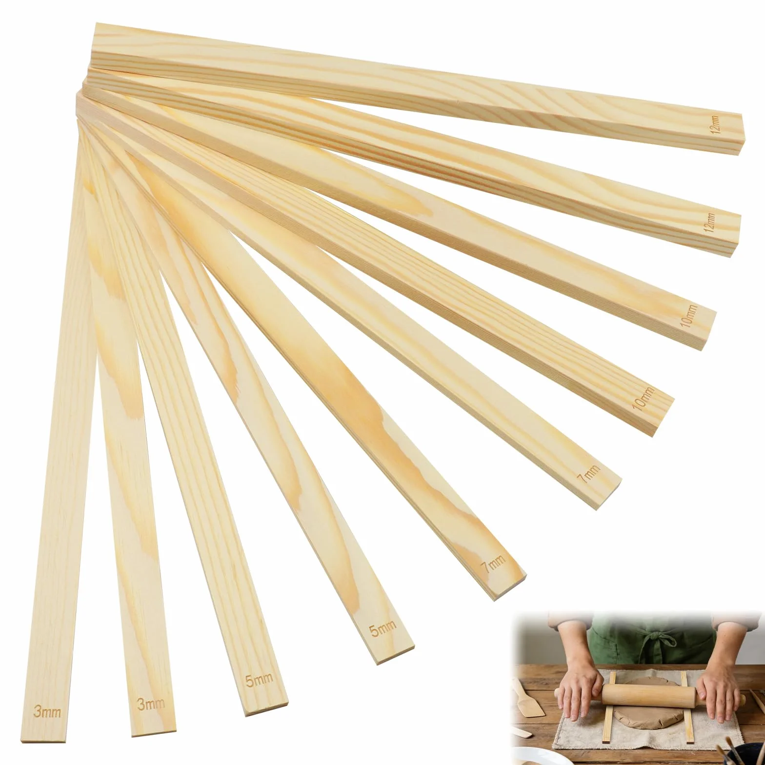 10 Pcs Spessori per Mattarello in Legno, Rolling Pin Guides, Bastoni di Guida Cuscinetto Ceramica, Guide Per In Legno, per Ceramiche, Polimeri di Argilla, Fai da Te (5 Misure-3/5/7/10/12 mm)