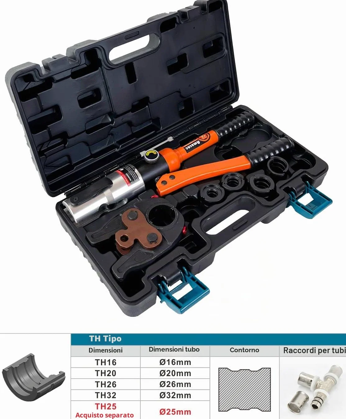 AMZCNC Pinza a pressa professionale (idraulica) con ganasce a pressione, profilo TH 16-20-26-32, per tubi compositi con raccordi del contorno TH, inserti a ganasce TH16, TH20, TH26, TH32 con