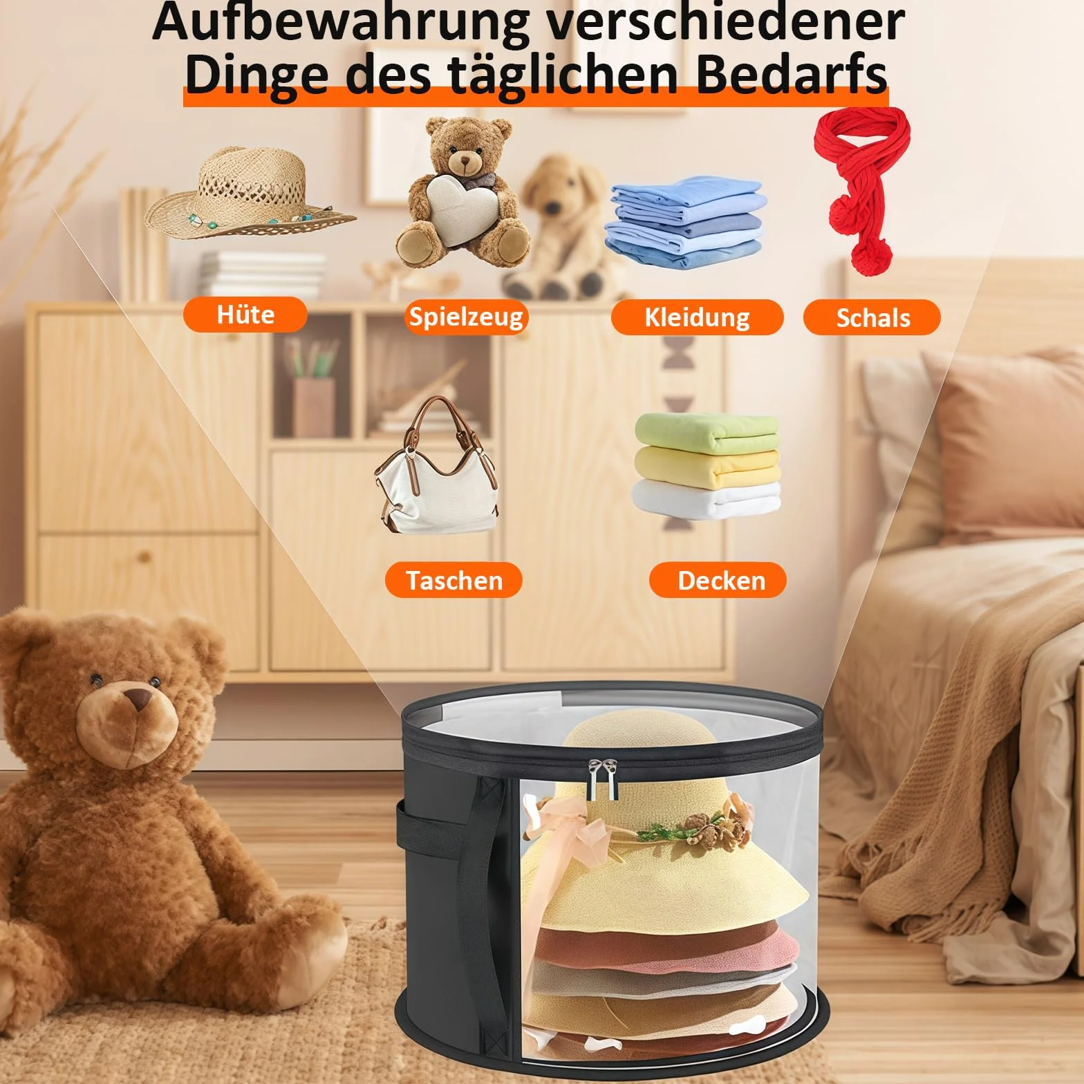 Scatola per cappelli rotonda con coperchio e finestra trasparente, valigia per cappelli con manico stabile