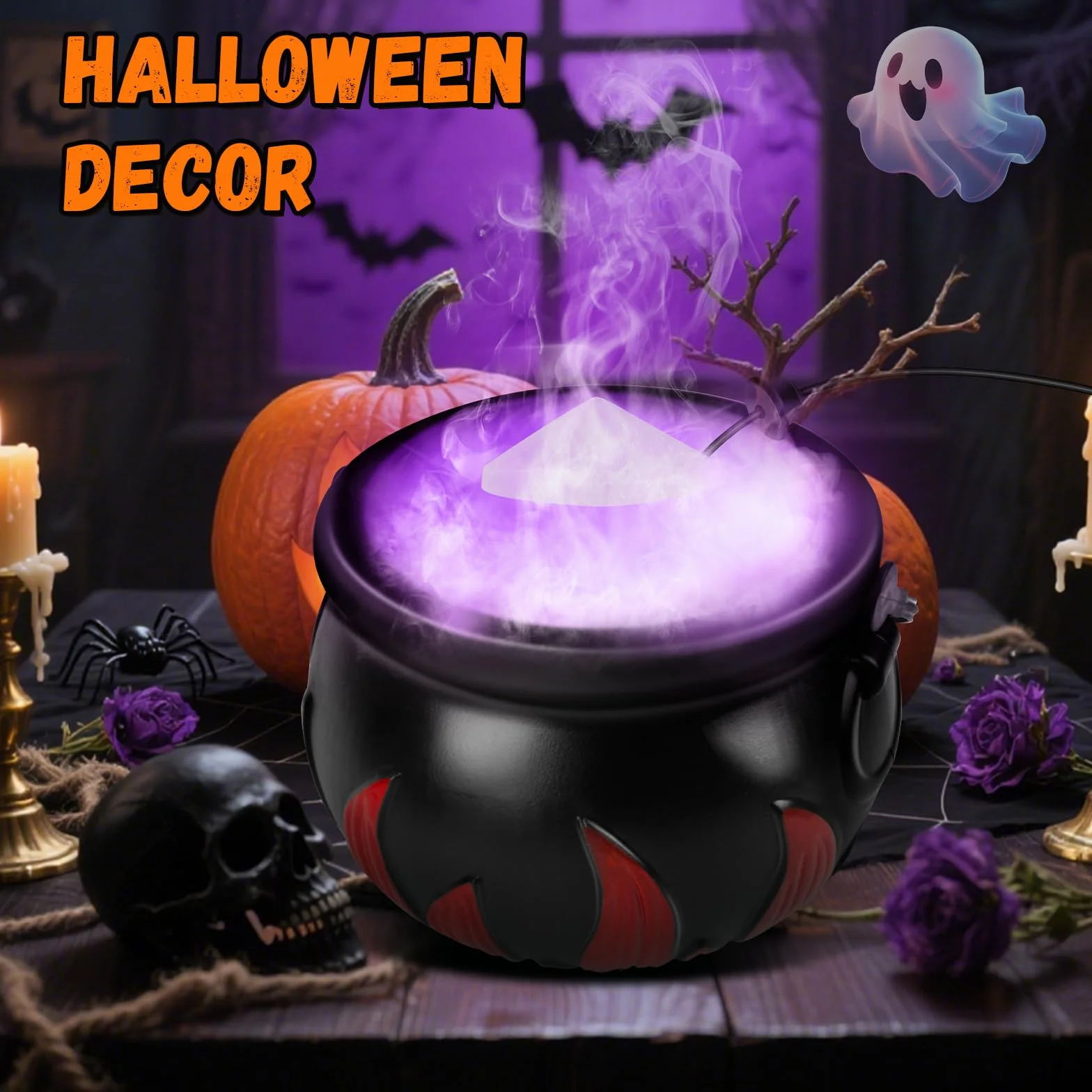 Calderone della Strega di Halloween con Creatore di Nebbia, 12 LED Cambia Colore, Fontana di Nebbia per Interni