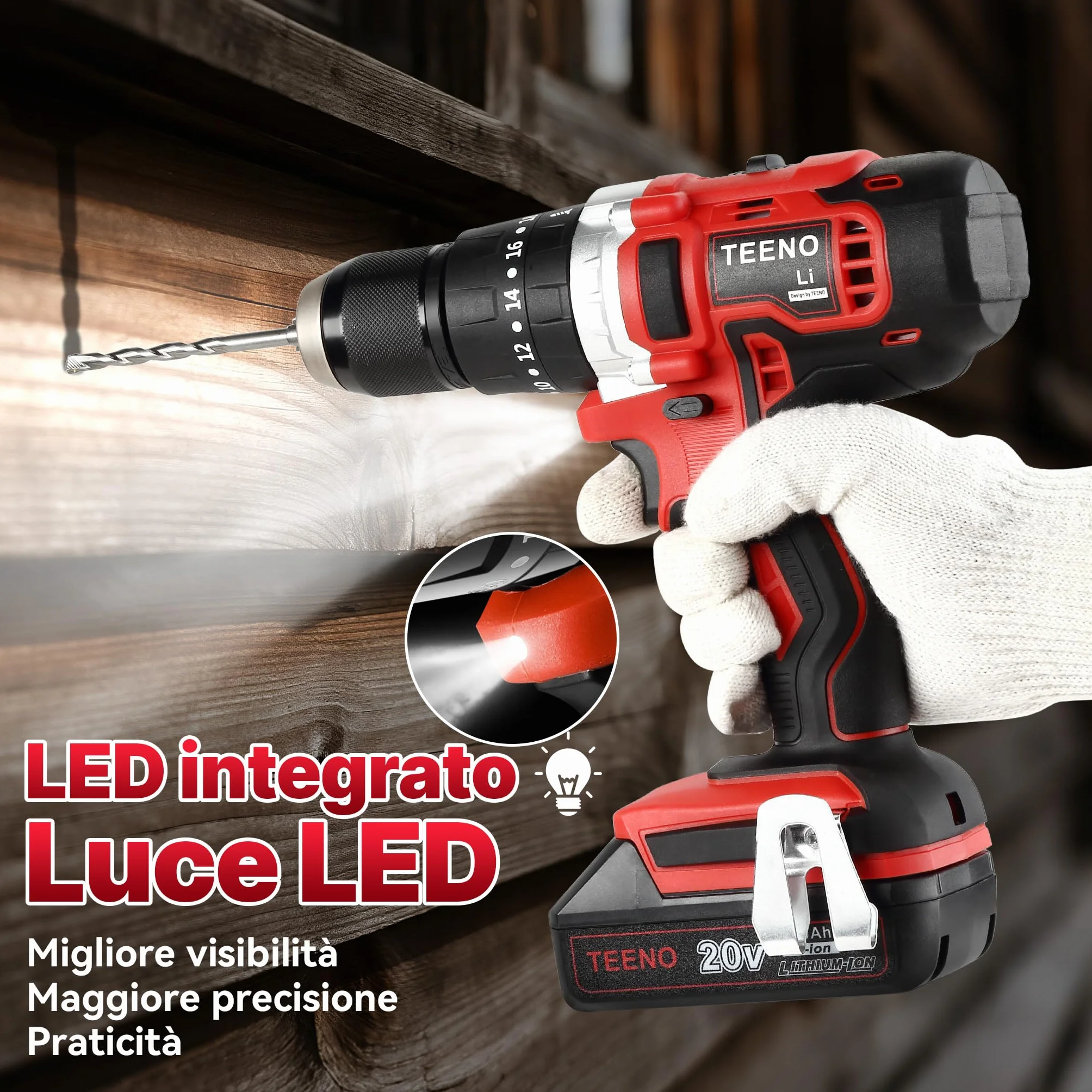 TEENO Trapano Avvitatore a Batteria 20V, Avvitatore Elettrico 45Nm con 2 Batterie 2,0Ah, Trapano a Percussione con 20+3 Regolazioni di Coppia, 2 Velocità, Mandrino 13mm, LED, Valigetta e Accessori