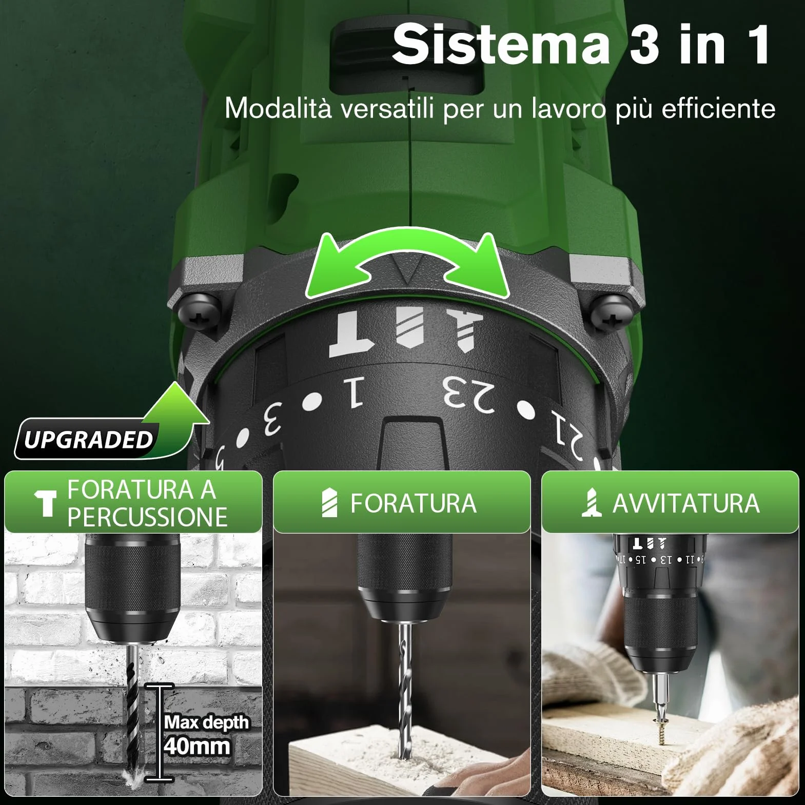 Ginour Avvitatore a Batteria 21V, Brushless Trapano a Percussione 50Nm, 2x2.0Ah Li compatibile con Makita 18V, 47 Accessori, 23+3 Coppie, 2 Velocità Multifunz. Trapani Avvitatori 10mm metallo Mandrino