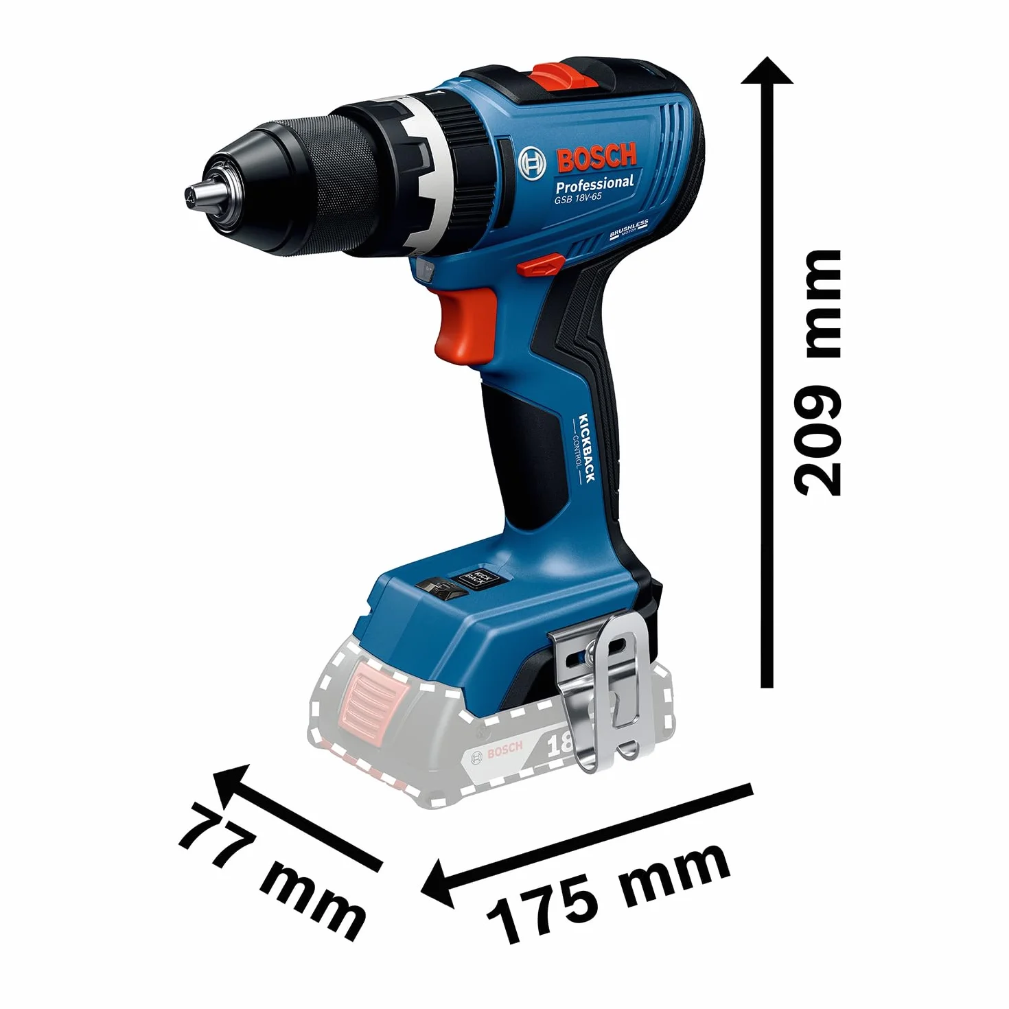 Bosch Professional 18V System Trapano-avvitatore a batteria GSB 18V-65 (motore brushless, lunghezza della testa 175, senza batteria/caricabatteria)