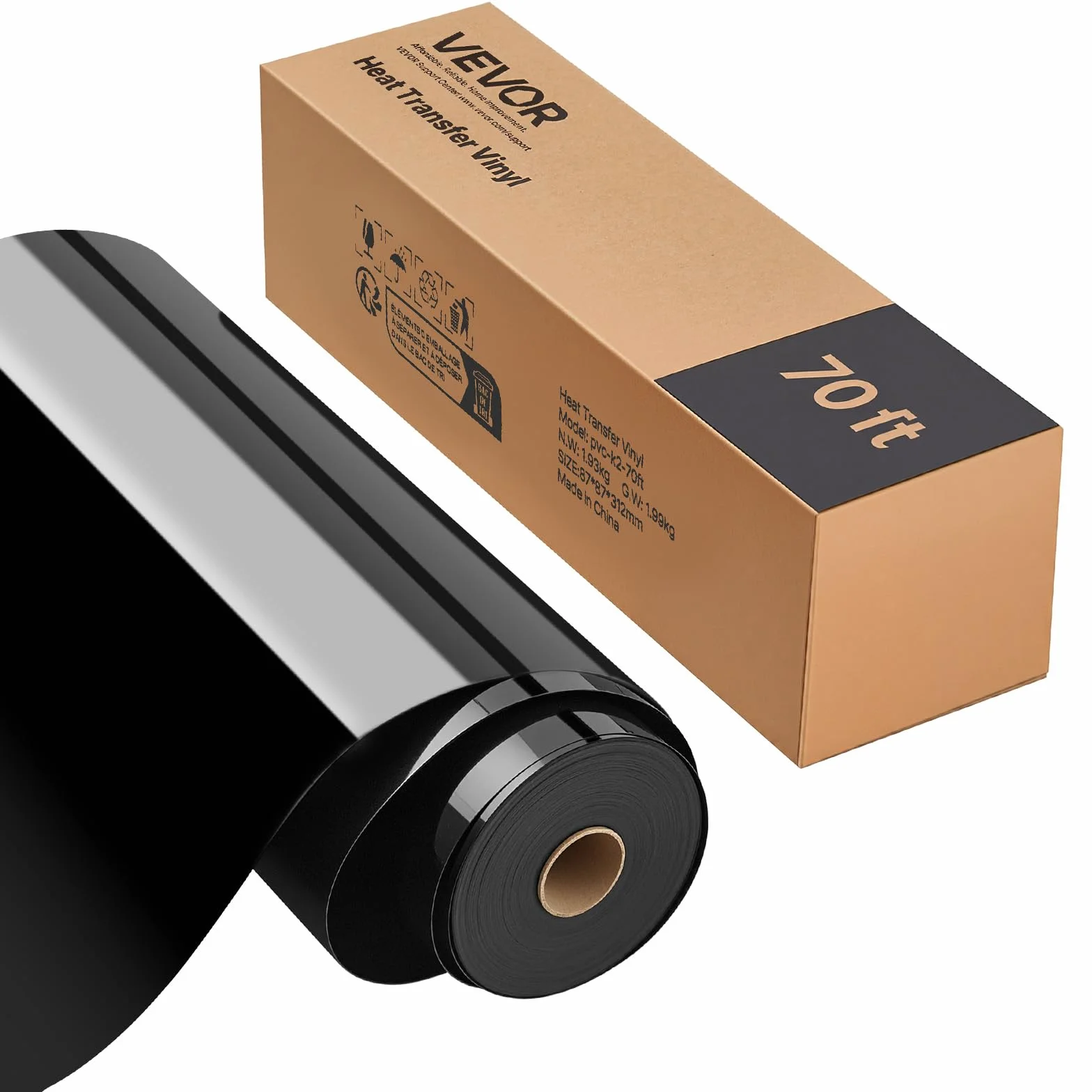 VEVOR Foglio di Rotolo Vinile Termoadesivo per Tessuti 304,8 x 21336 mm, Pellicola per Plotter in Vinile a Trasferimento Termico per Macchine da Taglio, per Magliette Cuscini Cappelli, HTV, Nero