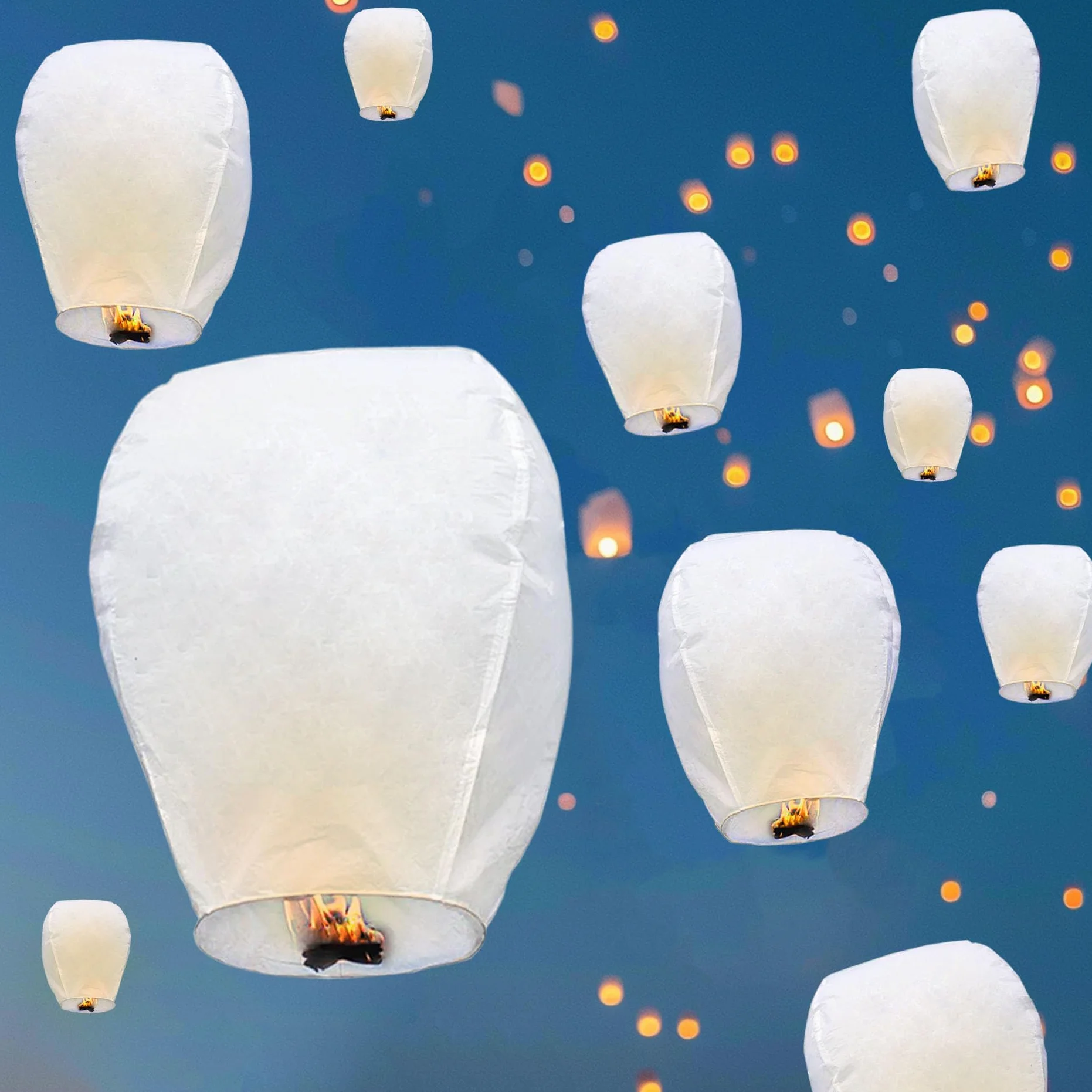VAIIEYO 10 Pezzi Bianco Lanterne Cinesi del Cielo, Lanterne di Carta Volanti, Lanterne del Cielo che Desiderano, Luci Luminose Volanti in Stile Tradizionale, Matrimoni, Natale, Usate per Compleanni