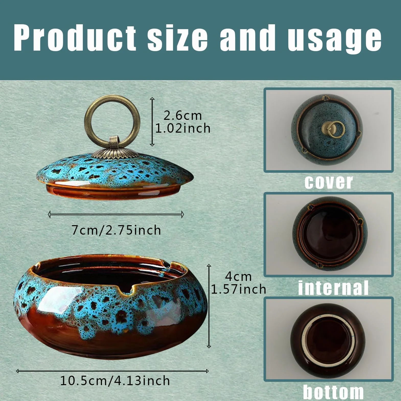 Posacenere da Tavolo Ceramica con Coperchio Antivento Design Retrò (Blu)