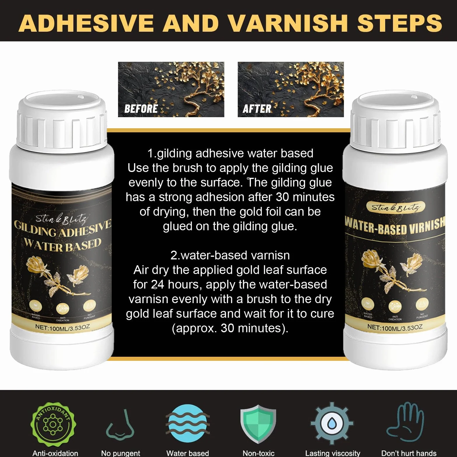 Adesivo per Foglia d'oro, Colla per Foglia d'oro,100 ml di Colla per lamiere a Base d'Acqua e 100 ml di Vernice, Foglia 100 Pezzi, per Lavori Manuali Pittura, Decorazione da Parete Gold Leaf