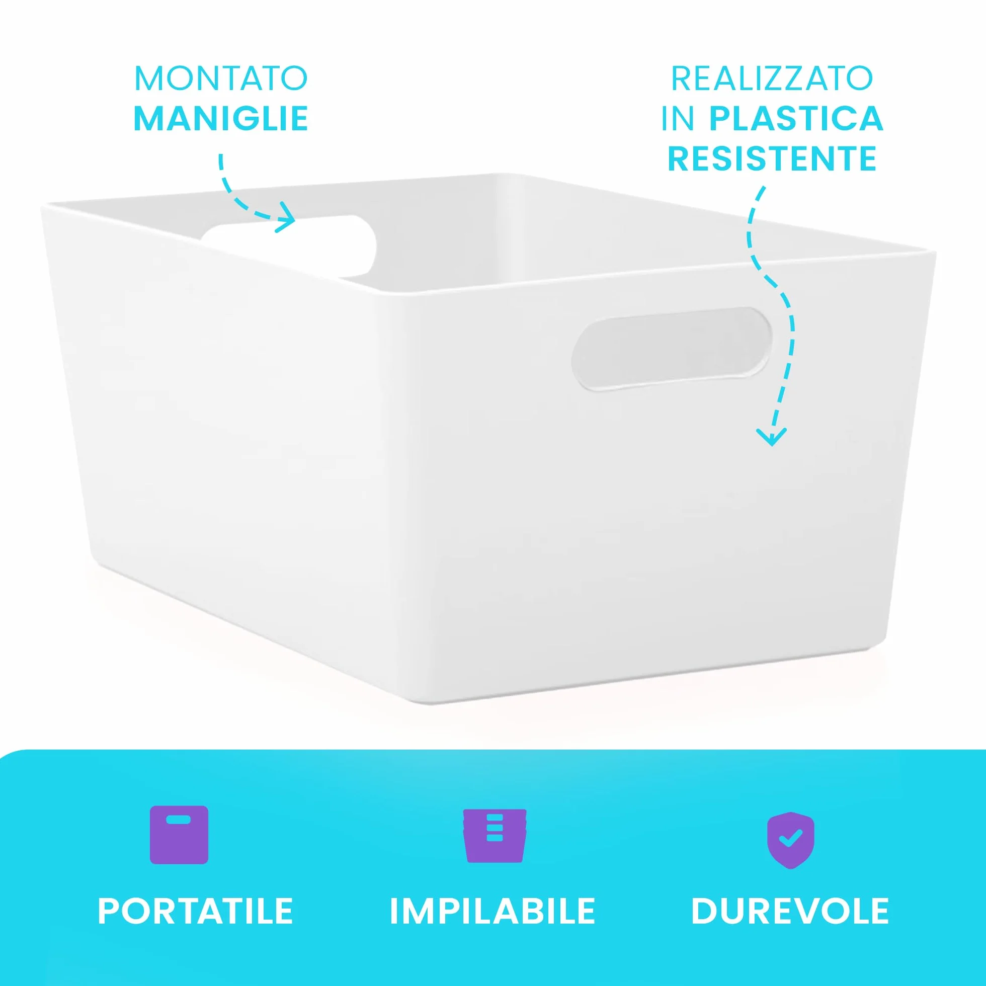 Set 5 Cestini Portaoggetti in Plastica Bianco con Manici per Cucina