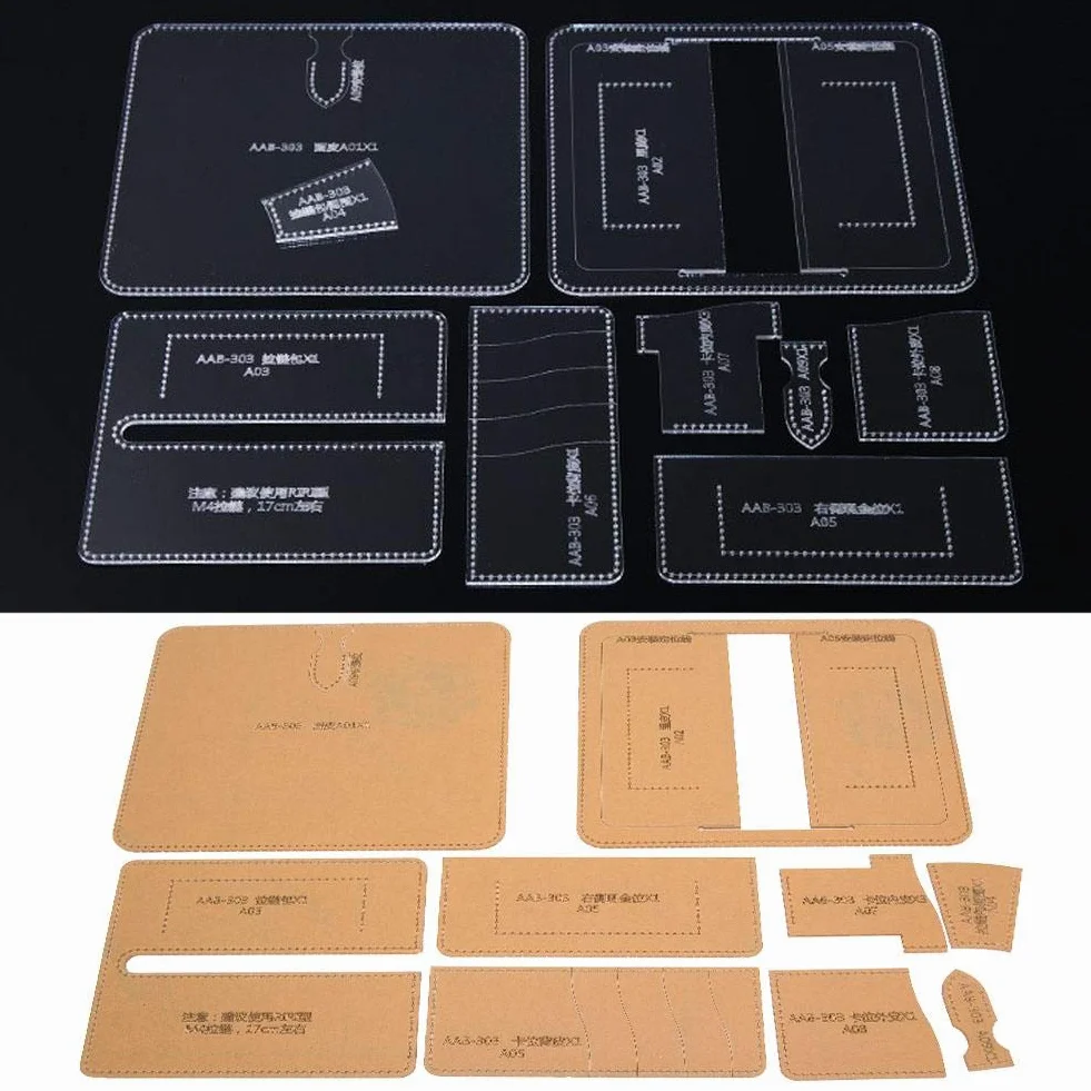 Kit modello di portafogli in pelle con stencil in acrilico trasparente per artigianato in pelle fai-da-te