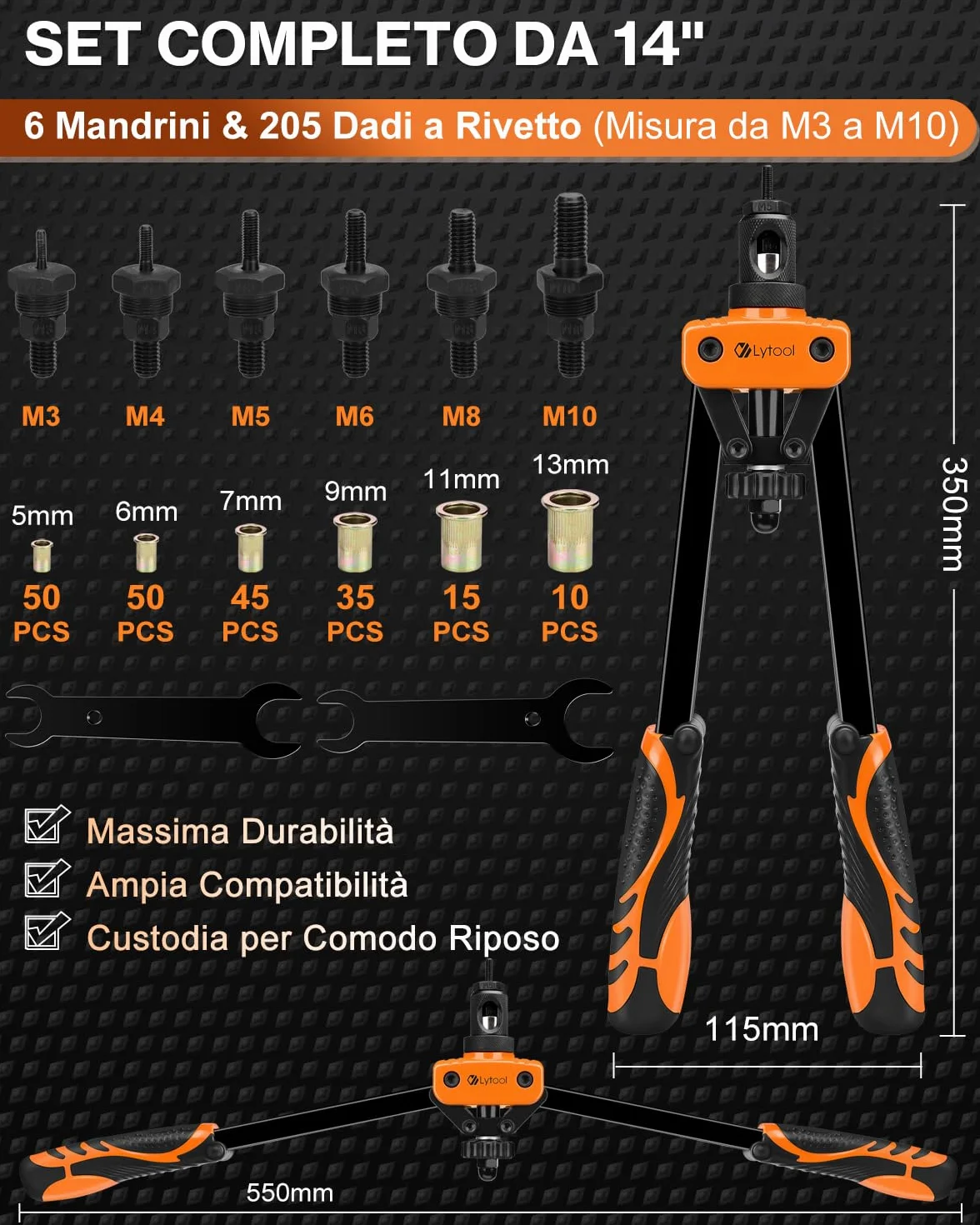 Lytool Rivettatrice per Inserti Filettati 14", Manuale 6 Mandrini M3-M10, Custodia
