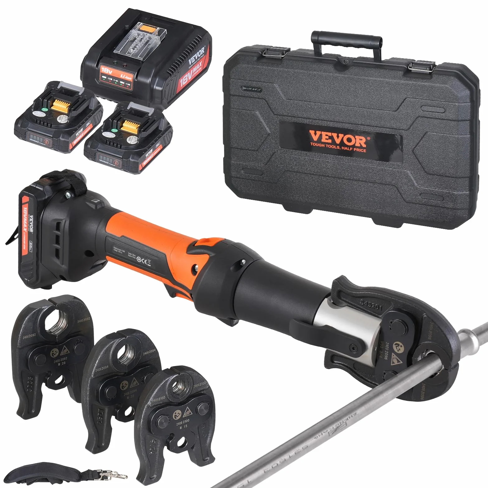 VEVOR Kit di Utensili per Pressatura e Batteria, Utensile Elettrico per Crimpatura di Tubi con Ganasce M15, M22, M28, Pressatura con 2 Batterie 20 V 2,0 Ah, Caricabatterie Rapido e Custodia Trasporto