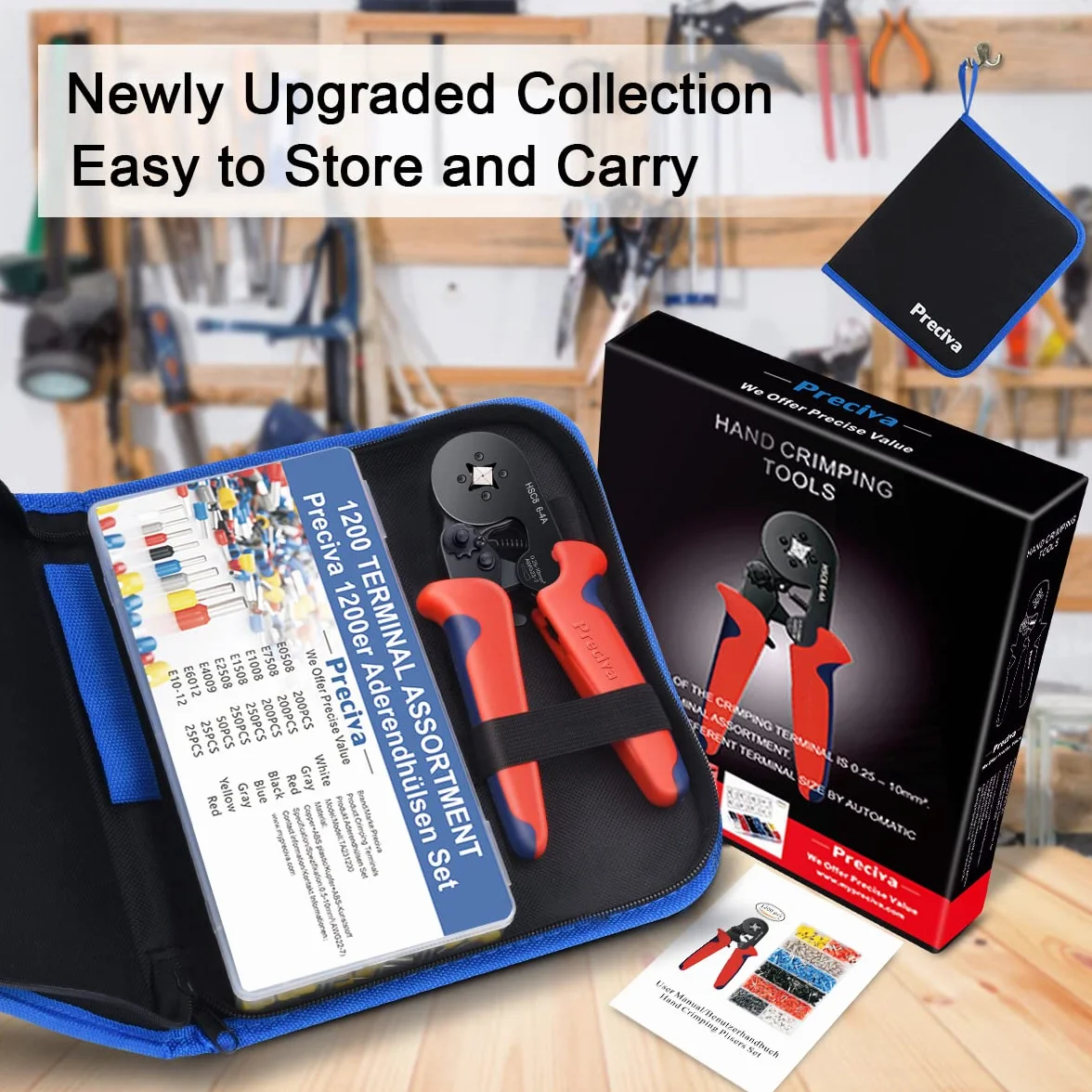 Preciva Pinza Crimpatrice per Capicorda da 0.25 a 10 mm² con 1200 Pezzi di Capicorda Elettrici da Crimpare, un Kit Completo per Elettricisti e un Set di Puntalini