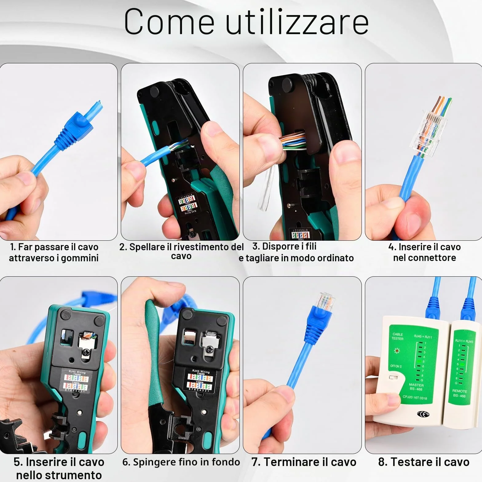 Kit di strumenti di rete RJ45 con 4x Cat7/6a, 30x CAT.5/5e/6, 10x 6P6C RJ11/RJ12, prese RJ45/RJ11/RJ12, strumento di riparazione e tester di rete