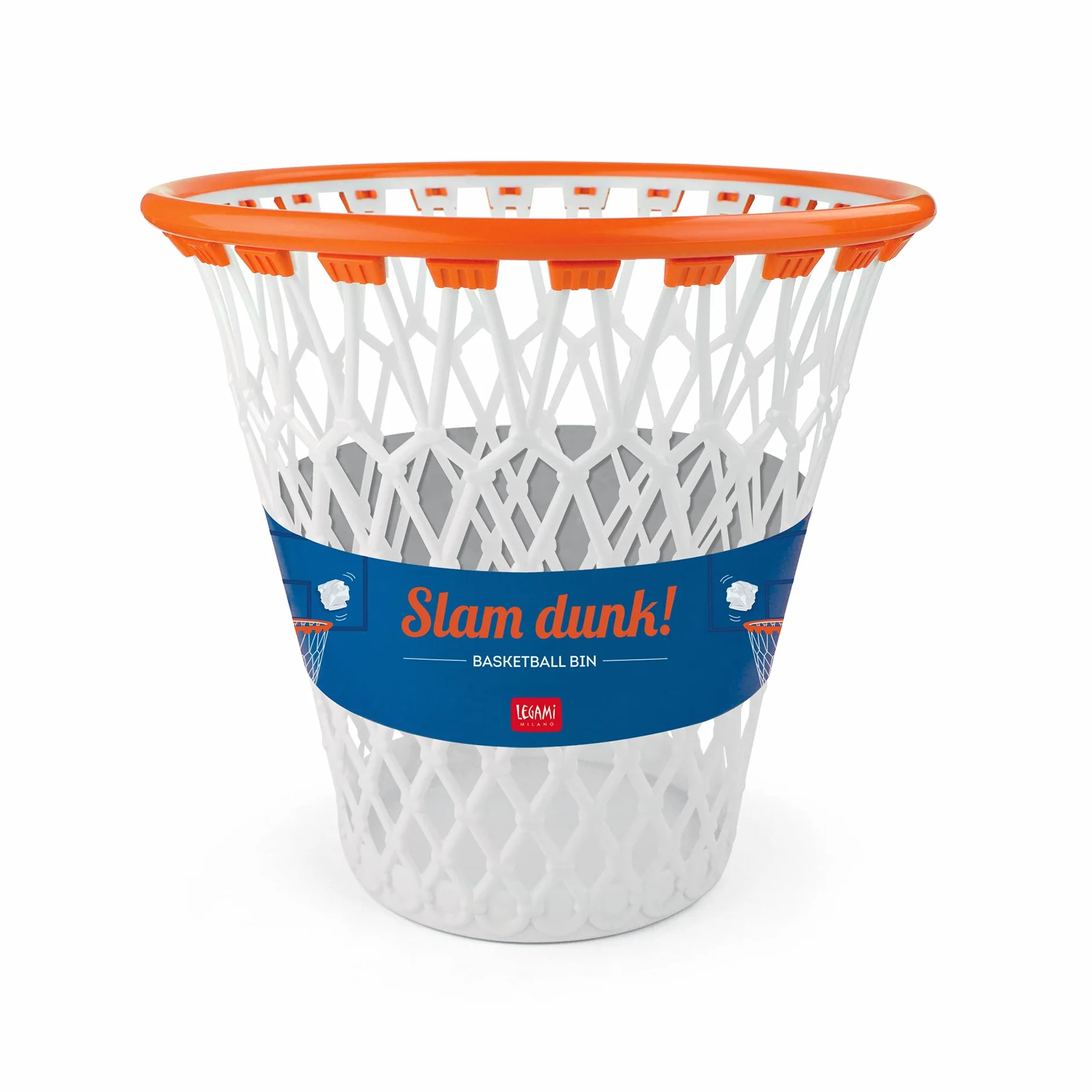 Legami - Cestino a Forma di Canestro, 32x30 cm, in Plastica, Slam Dunk, Basketball Bin, Cestino per Rifiuti, Arancio e Bianco, per Buttare i Rifiuti con Stile