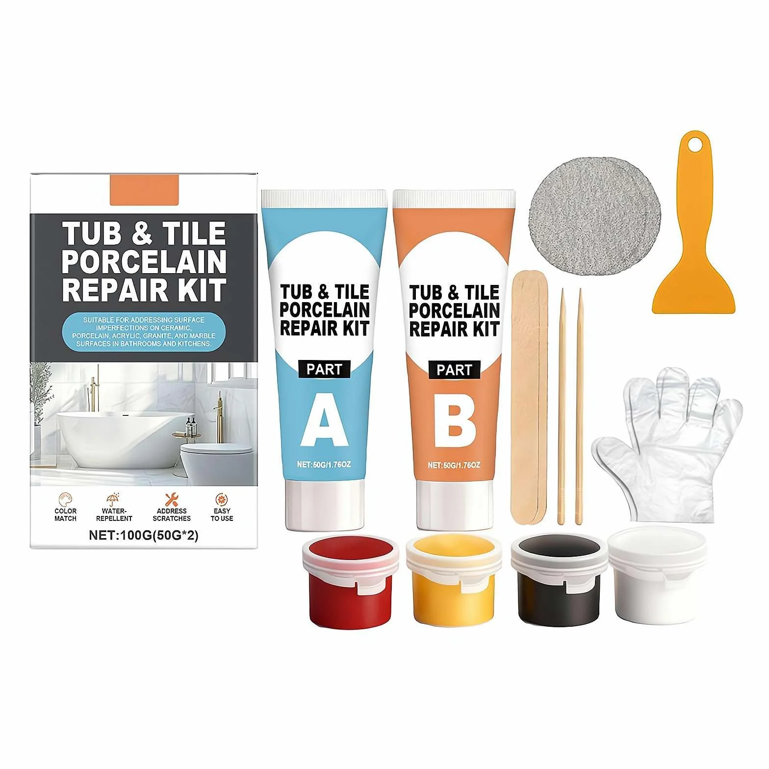 Kit di riparazione per vasca, smalto, fibra di vetro, acrilico, porcellana, ceramica, marmo, granito, scheggiature, ammaccature, crepe, buchi, graffi