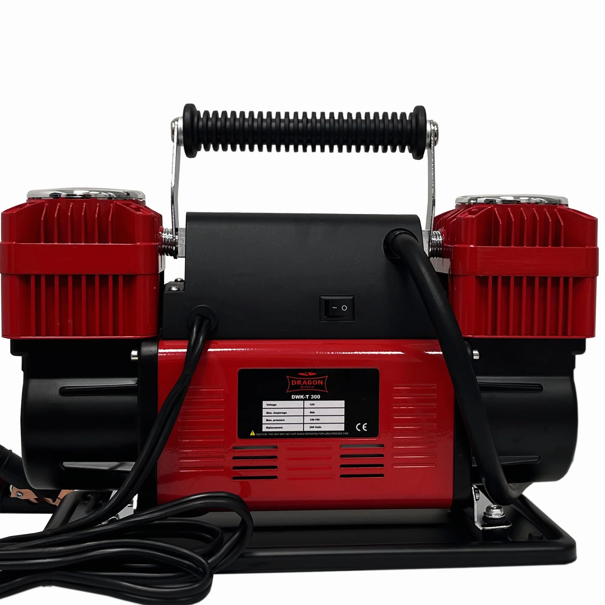 Dragon Winch Compressore aria Portatile 12V | 10,3 BAR / 150 PSI con una capacità di 300 l/min + tubo a spirale con manometro, punta della valvola, borsa per il trasporto, 3x punte intercambiabili
